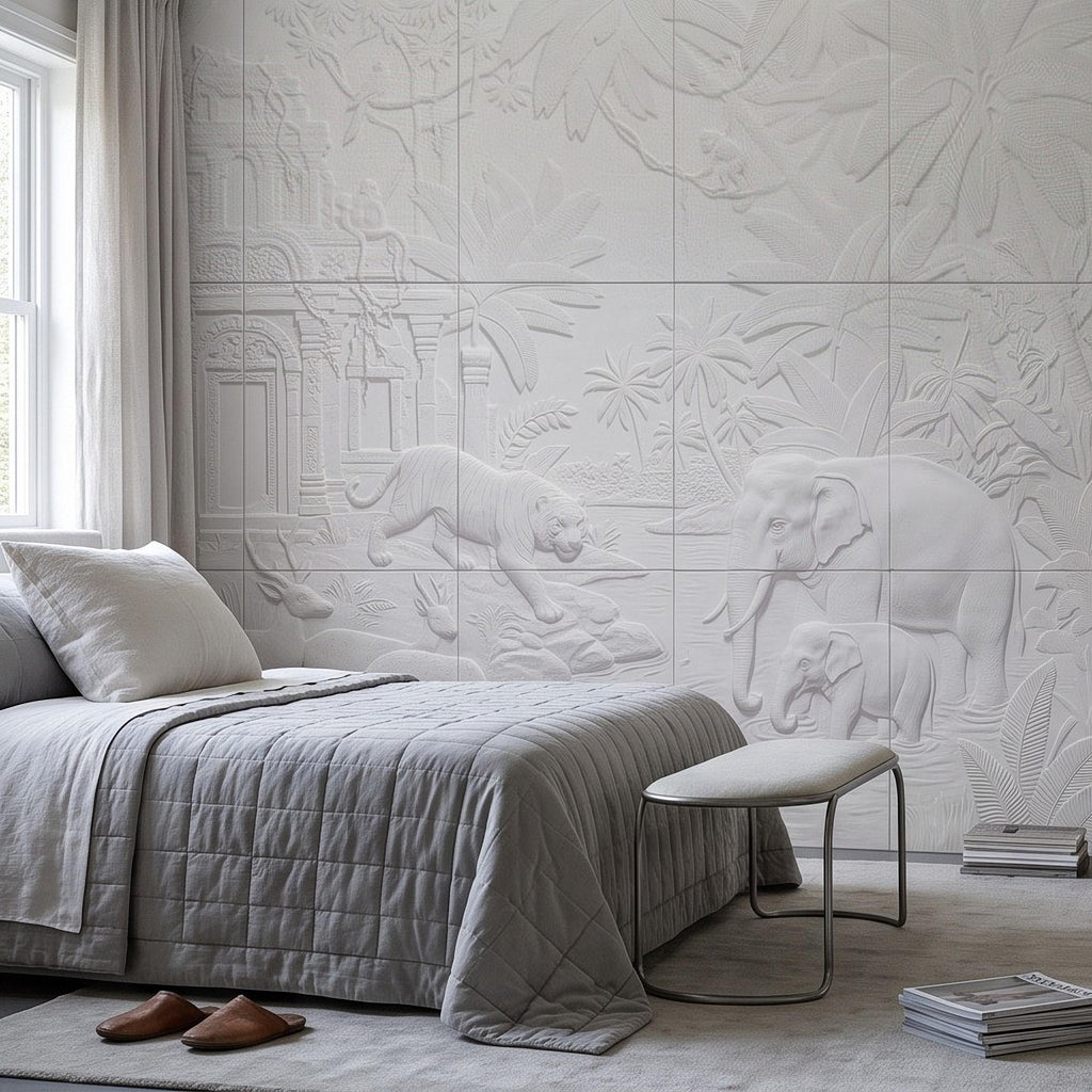 Safari Temple Peel and Stick Wall Mural, Sculpted Elephant Tiger Jungle Relief Feather Gray Embossed Plaster Look Wallpaper