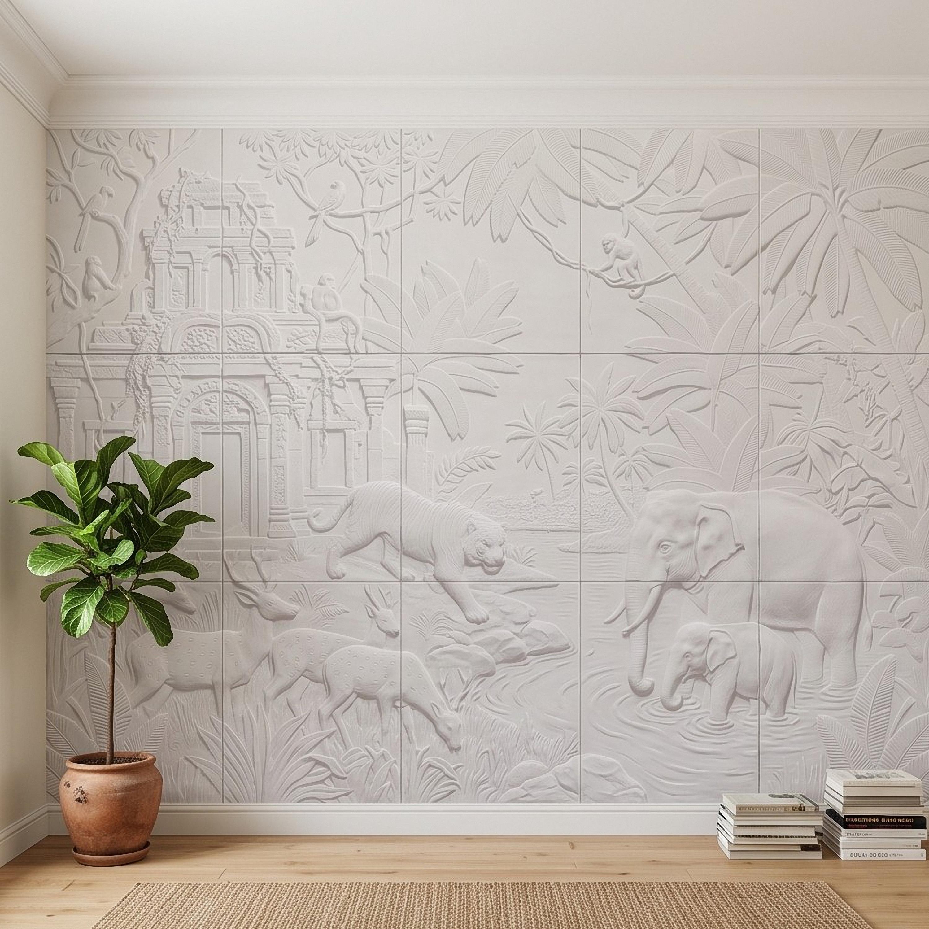 Safari Temple Peel and Stick Wall Mural, Sculpted Elephant Tiger Jungle Relief Feather Gray Embossed Plaster Look Wallpaper