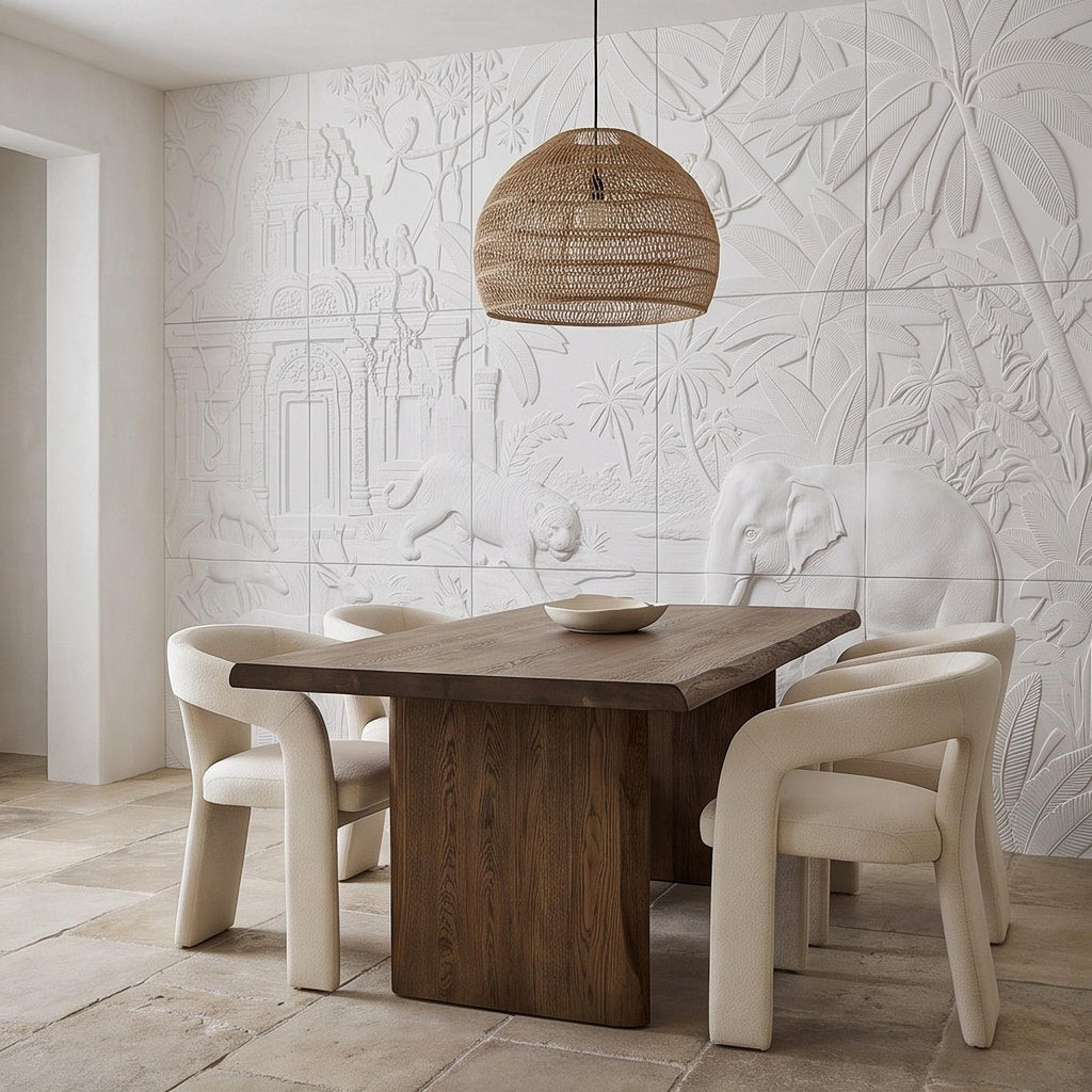 Safari Temple Peel and Stick Wall Mural, Sculpted Elephant Tiger Jungle Relief Feather Gray Embossed Plaster Look Wallpaper