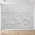 Safari Temple Peel and Stick Wall Mural, Sculpted Elephant Tiger Jungle Relief Feather Gray Embossed Plaster Look Wallpaper
