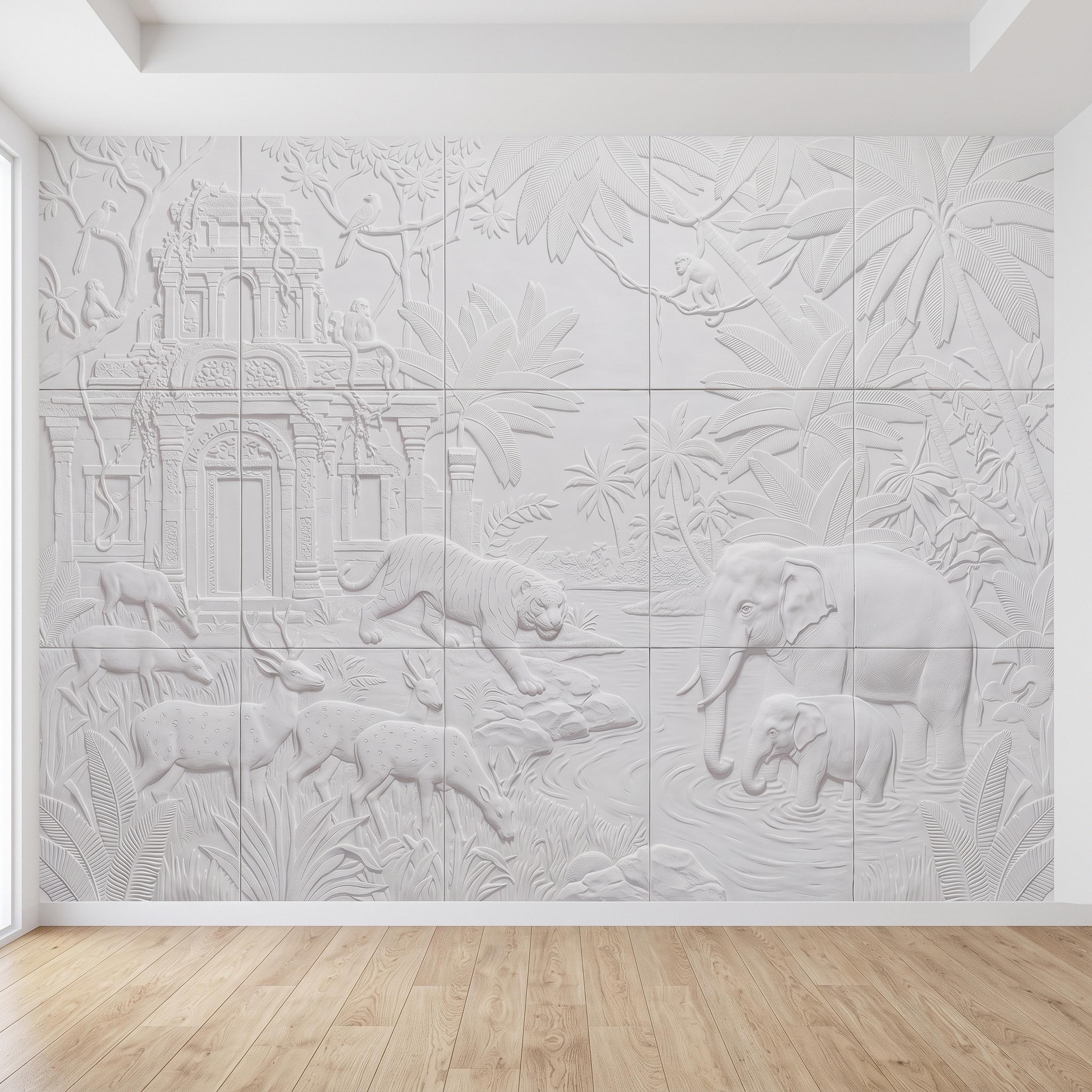 Safari Temple Peel and Stick Wall Mural, Sculpted Elephant Tiger Jungle Relief Feather Gray Embossed Plaster Look Wallpaper