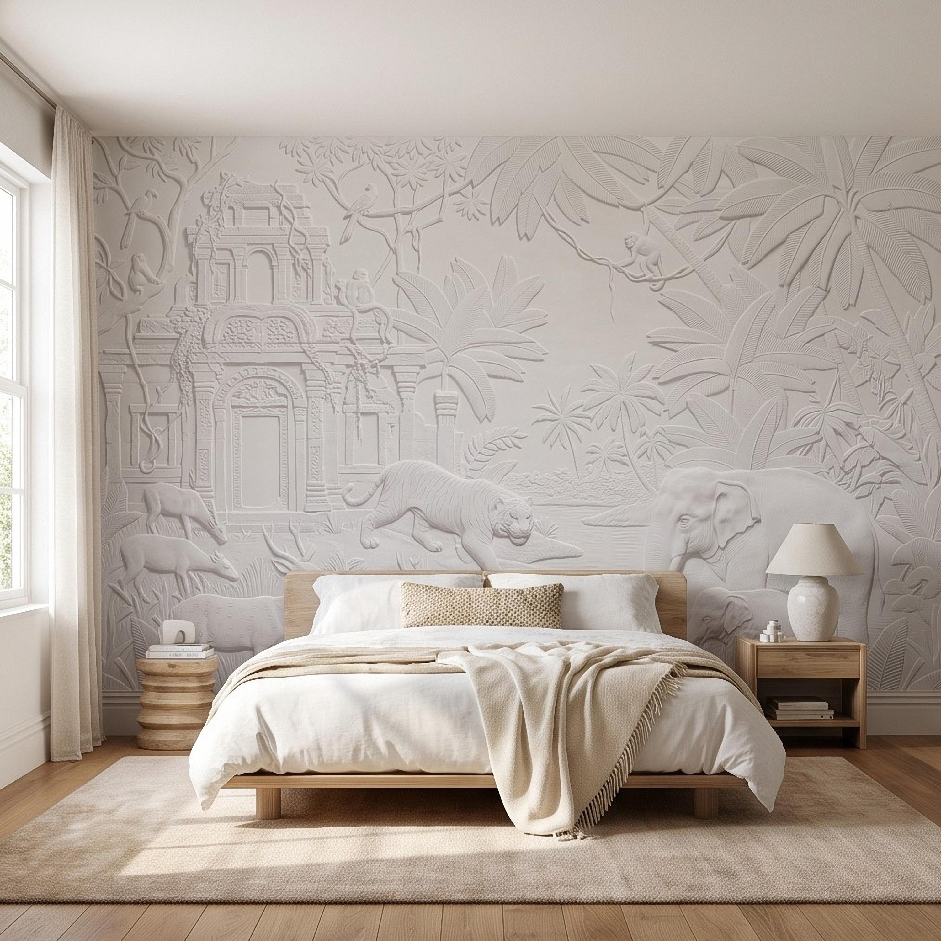 Safari Temple Peel and Stick Wall Mural, Sculpted Elephant Tiger Jungle Relief Feather Gray Embossed Plaster Look Wallpaper