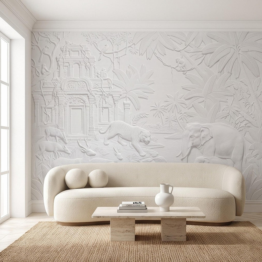 Safari Temple Peel and Stick Wall Mural, Sculpted Elephant Tiger Jungle Relief Feather Gray Embossed Plaster Look Wallpaper