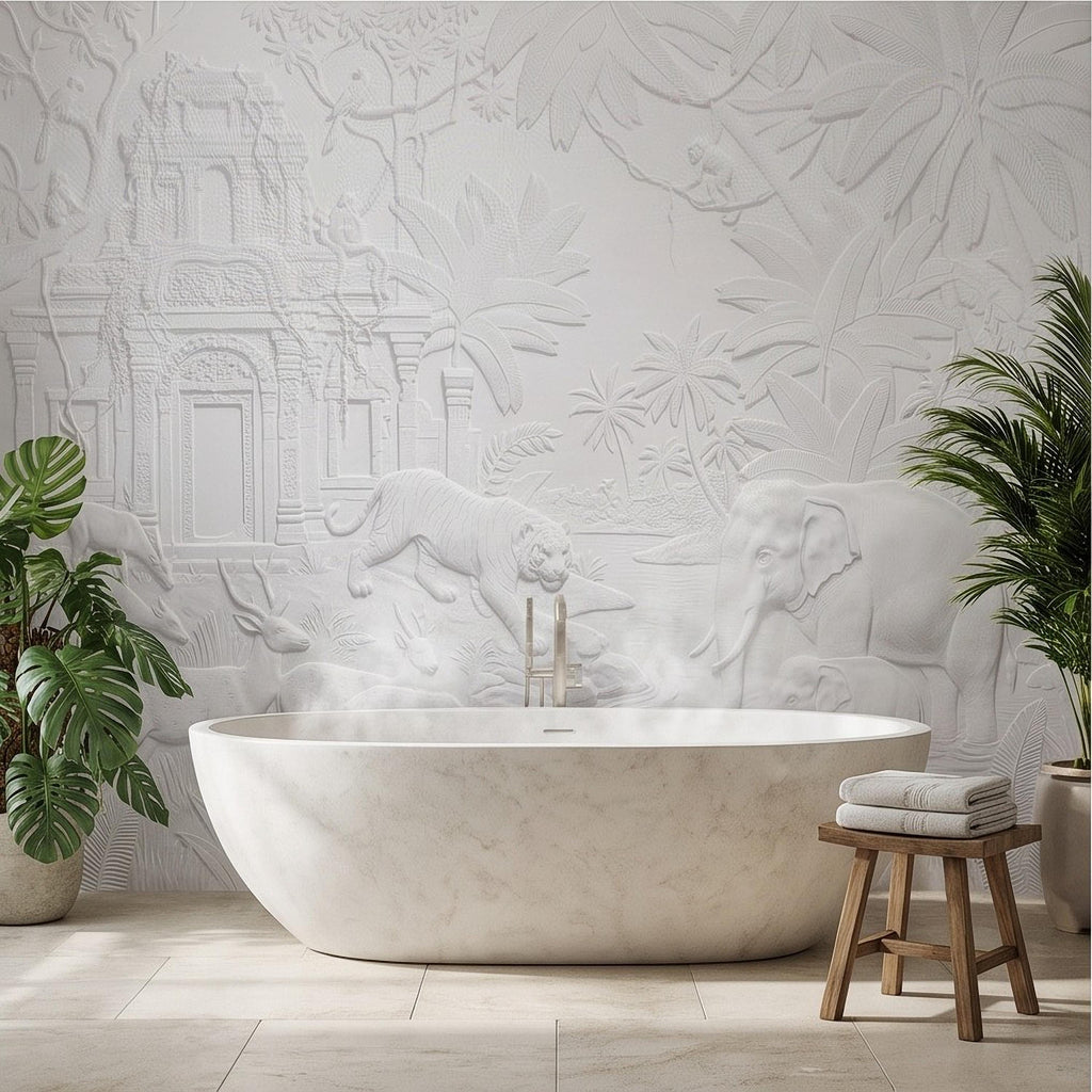 Safari Temple Peel and Stick Wall Mural, Sculpted Elephant Tiger Jungle Relief Feather Gray Embossed Plaster Look Wallpaper