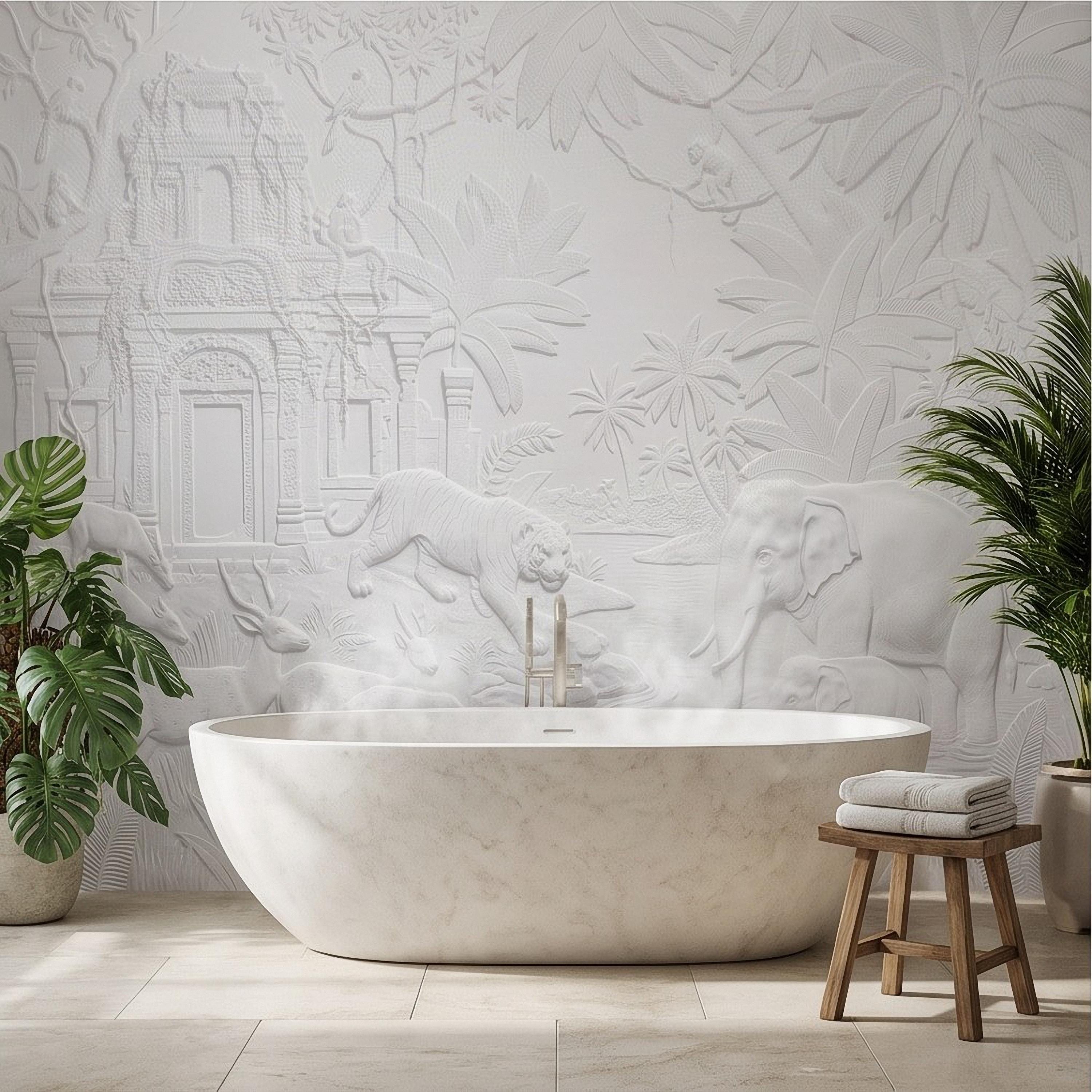 Safari Temple Peel and Stick Wall Mural, Sculpted Elephant Tiger Jungle Relief Feather Gray Embossed Plaster Look Wallpaper