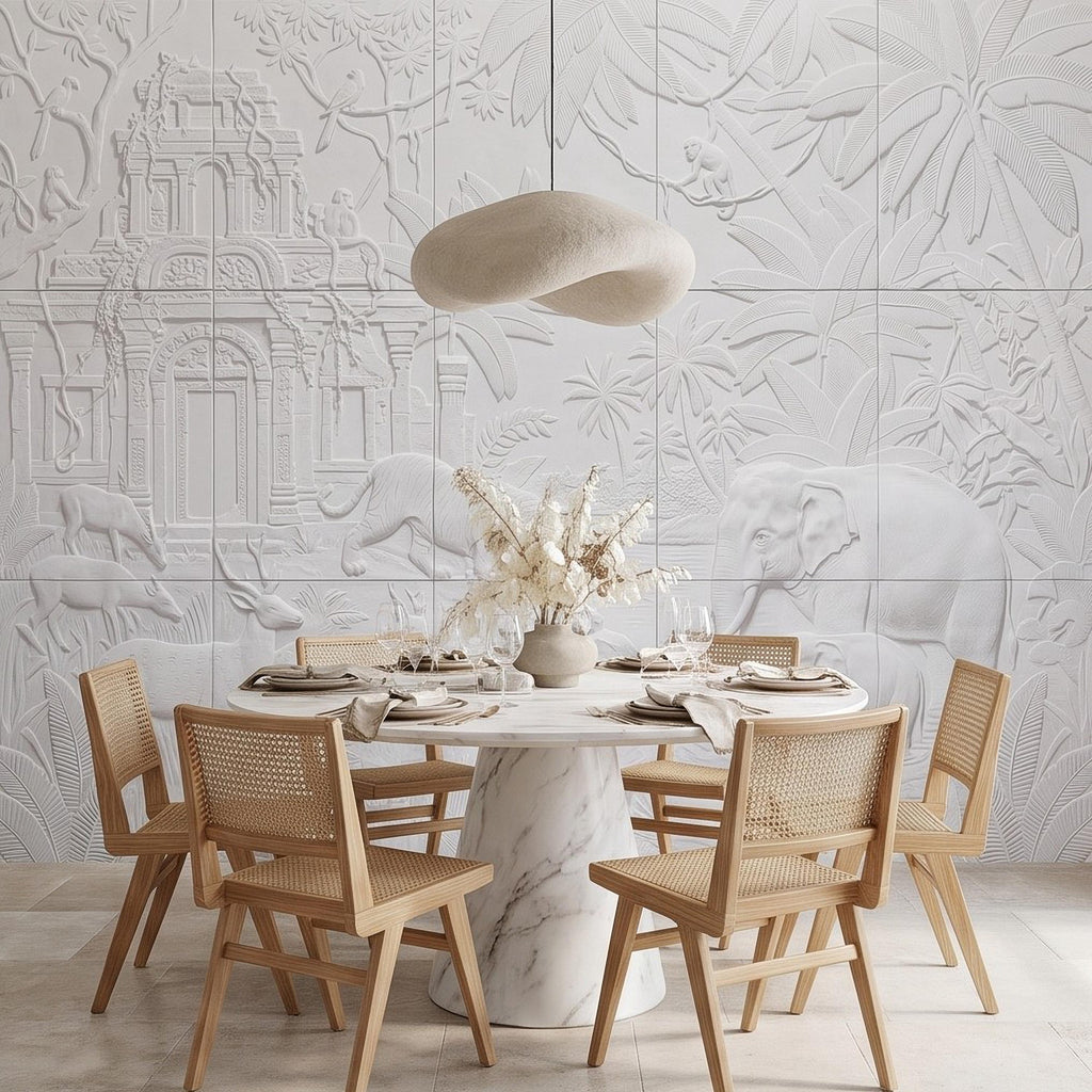Safari Temple Peel and Stick Wall Mural, Sculpted Elephant Tiger Jungle Relief Feather Gray Embossed Plaster Look Wallpaper