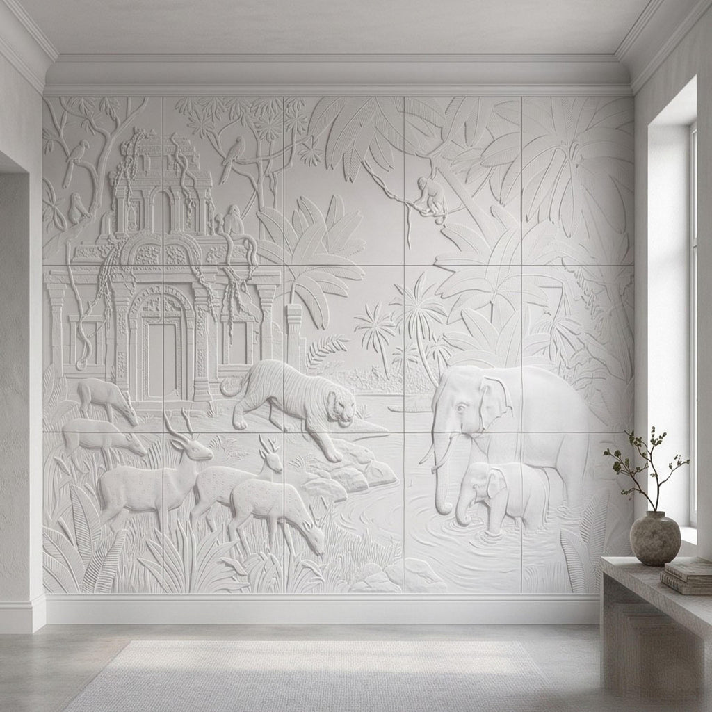 Safari Temple Peel and Stick Wall Mural, Sculpted Elephant Tiger Jungle Relief Feather Gray Embossed Plaster Look Wallpaper