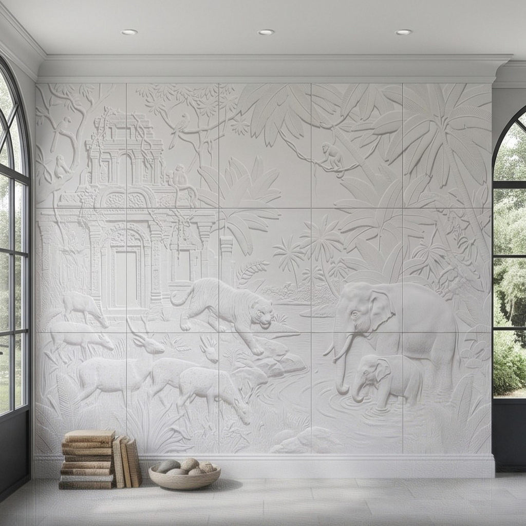 Safari Temple Peel and Stick Wall Mural, Sculpted Elephant Tiger Jungle Relief Feather Gray Embossed Plaster Look Wallpaper