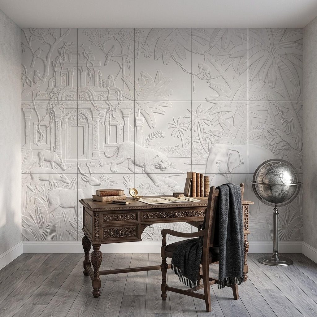 Safari Temple Peel and Stick Wall Mural, Sculpted Elephant Tiger Jungle Relief Feather Gray Embossed Plaster Look Wallpaper