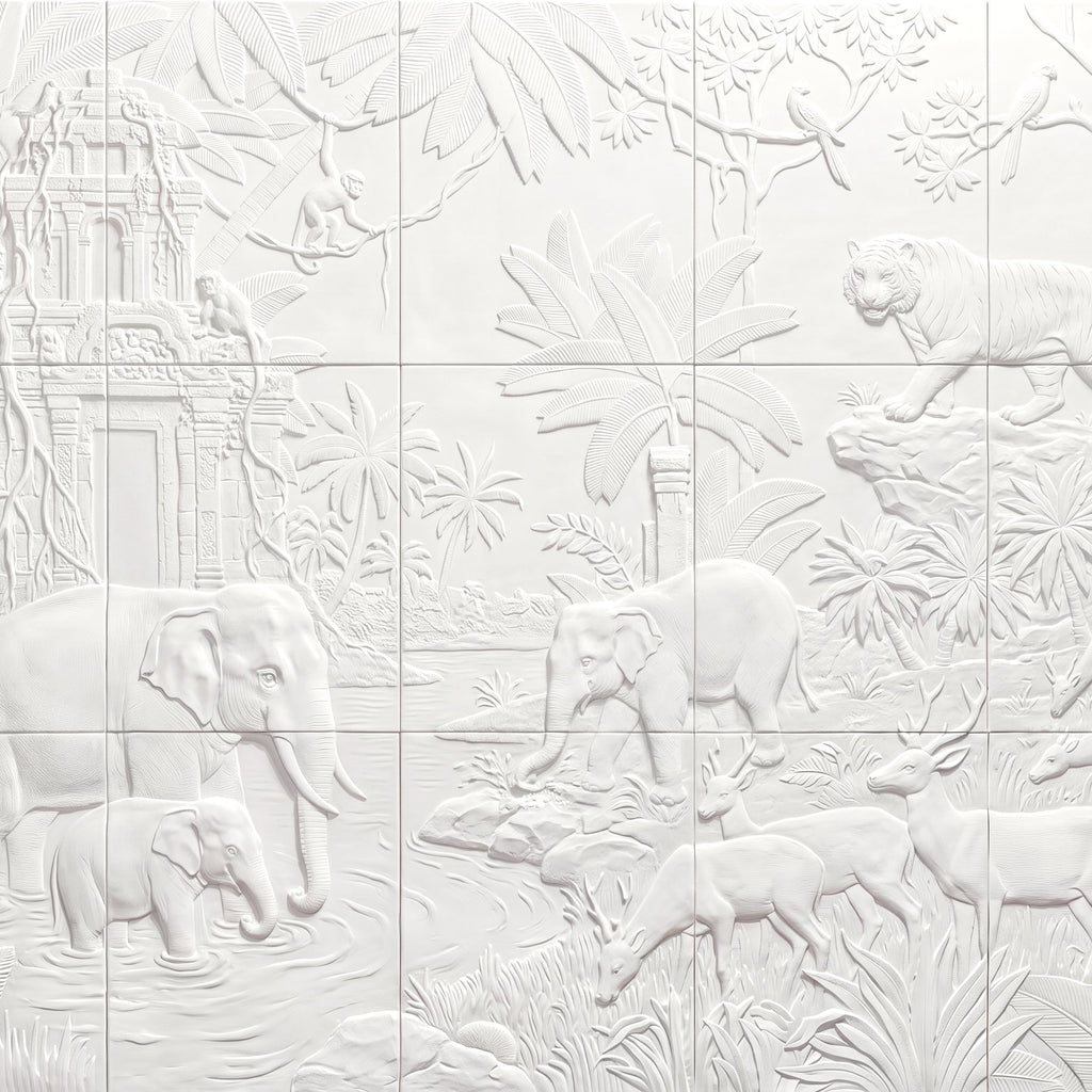 Safari Relief Peel and Stick Wall Mural, Sculpted Elephant Tiger Jungle Temple Ecru Embossed Plaster Look Wallpaper