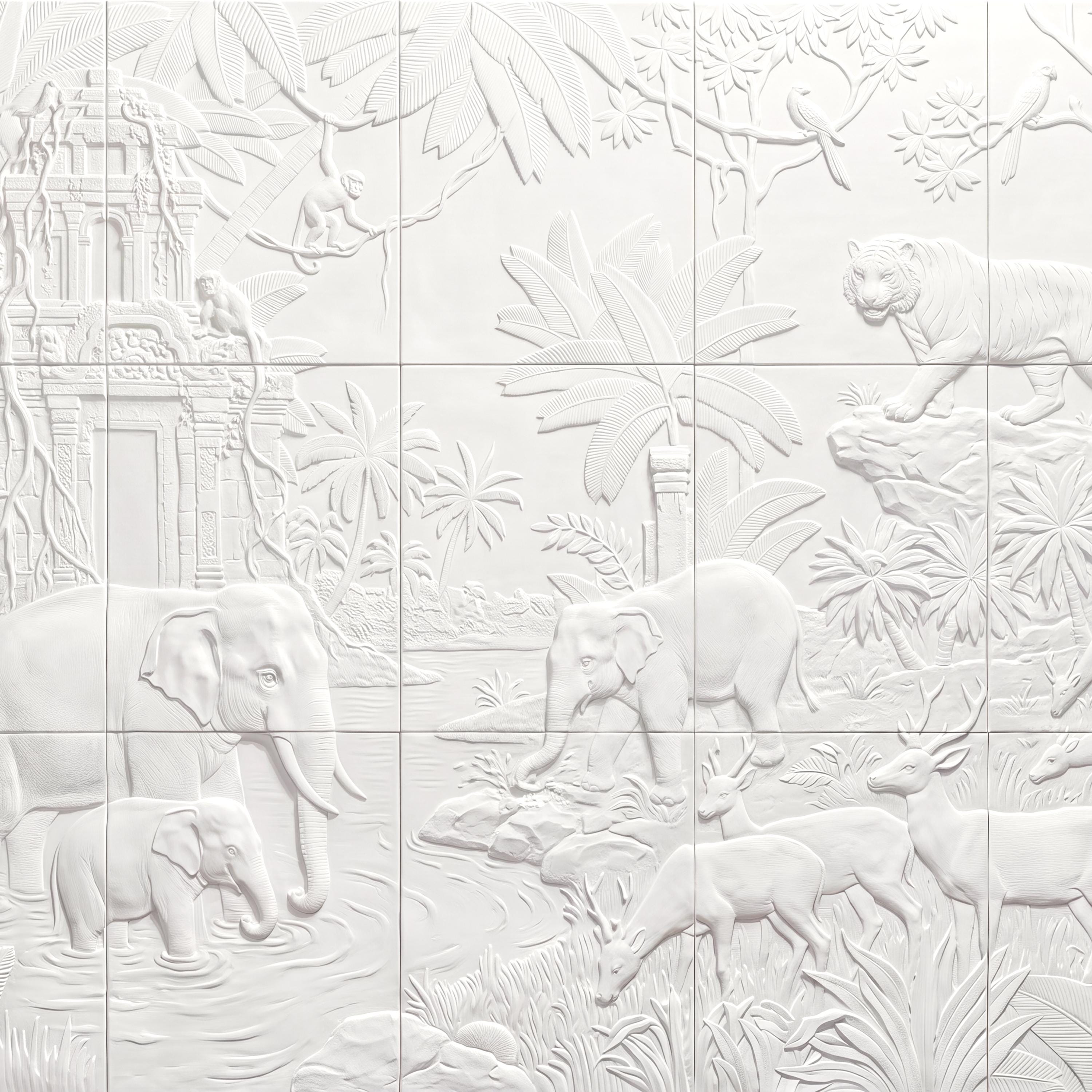 Safari Relief Peel and Stick Wall Mural, Sculpted Elephant Tiger Jungle Temple Ecru Embossed Plaster Look Wallpaper