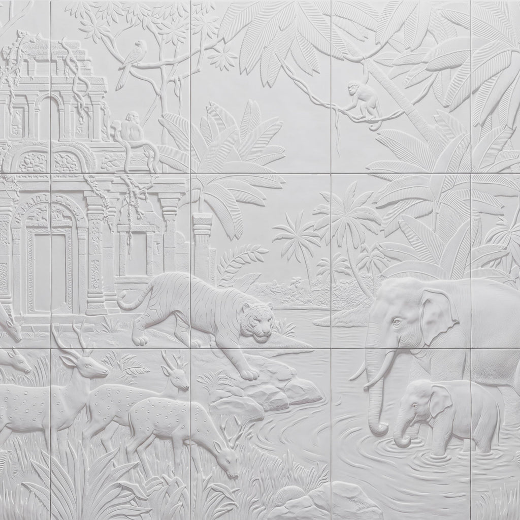 Safari Temple Peel and Stick Wall Mural, Sculpted Elephant Tiger Jungle Relief Feather Gray Embossed Plaster Look Wallpaper