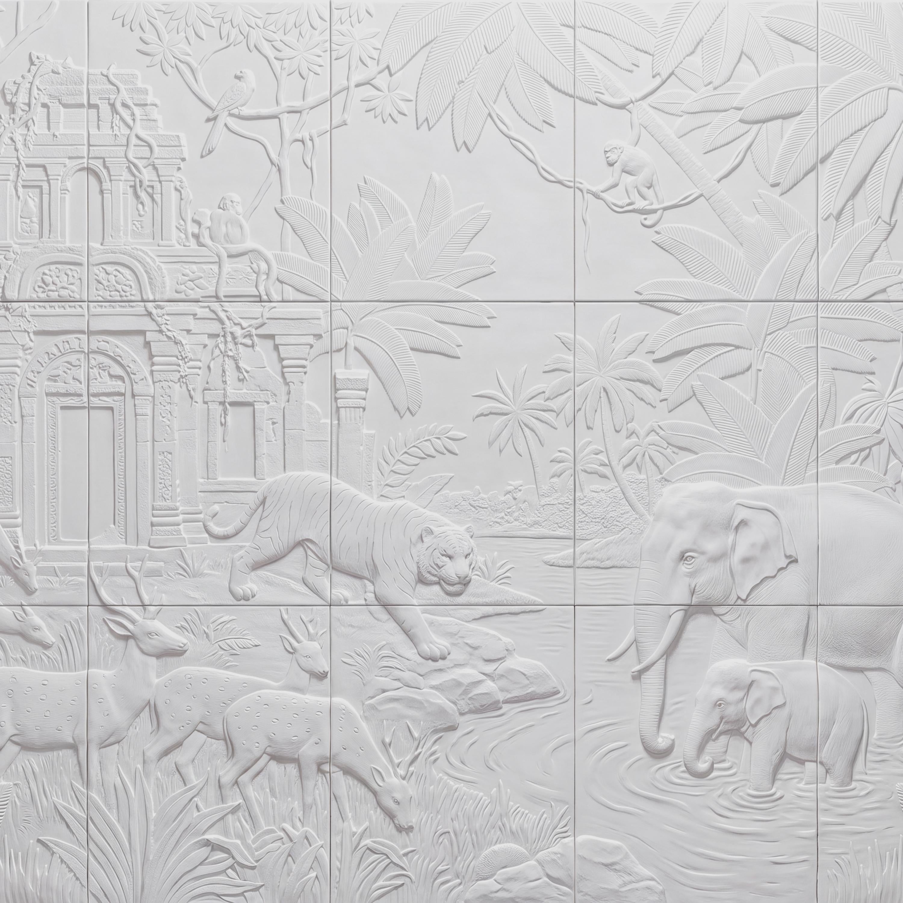 Safari Temple Peel and Stick Wall Mural, Sculpted Elephant Tiger Jungle Relief Feather Gray Embossed Plaster Look Wallpaper
