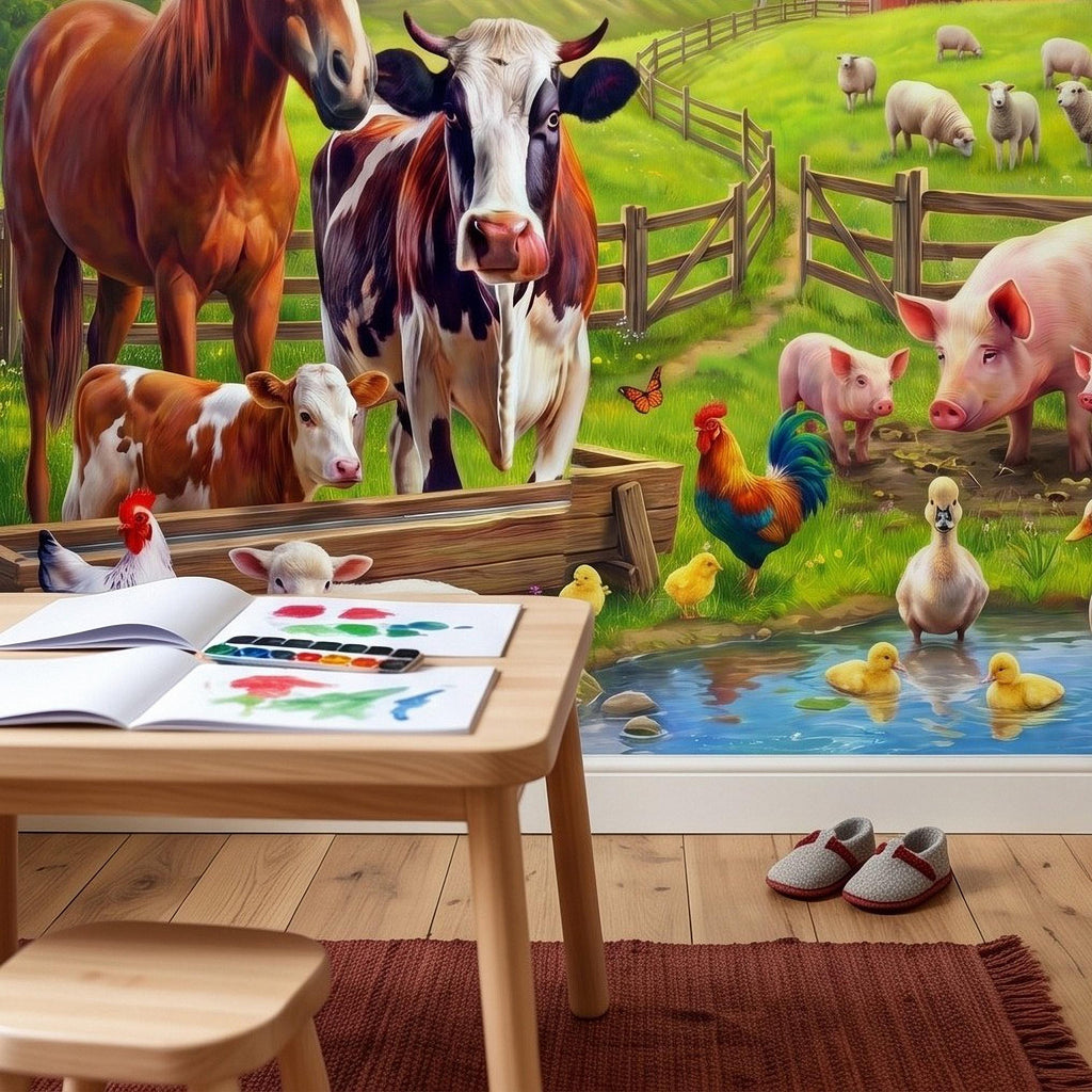 Colorful Farm Animals Peel and Stick Wall Mural, Red Barn Rainbow Countryside, Happy Farmyard Scene, Storybook Kids Wallpaper
