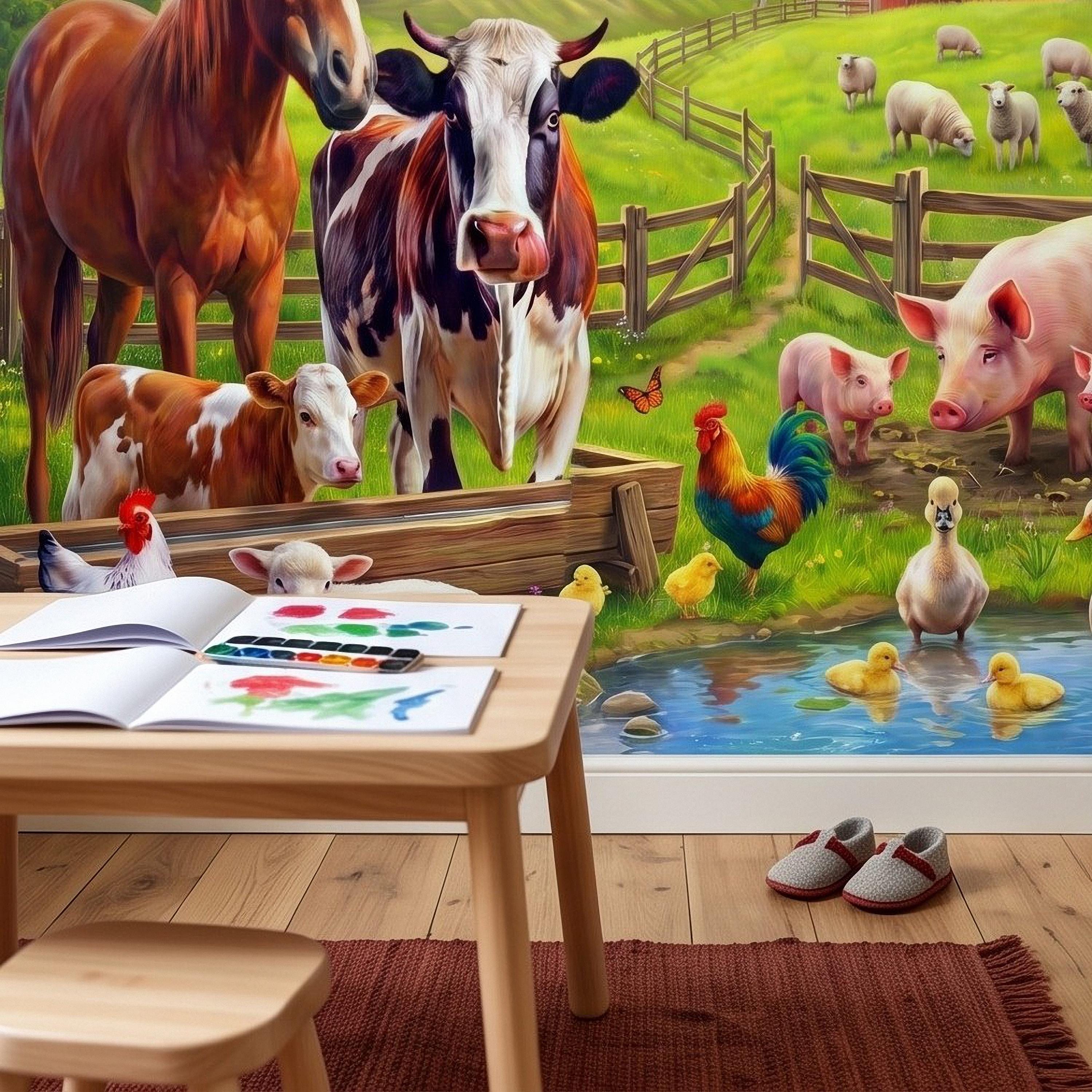 Colorful Farm Animals Peel and Stick Wall Mural, Red Barn Rainbow Countryside, Happy Farmyard Scene, Storybook Kids Wallpaper