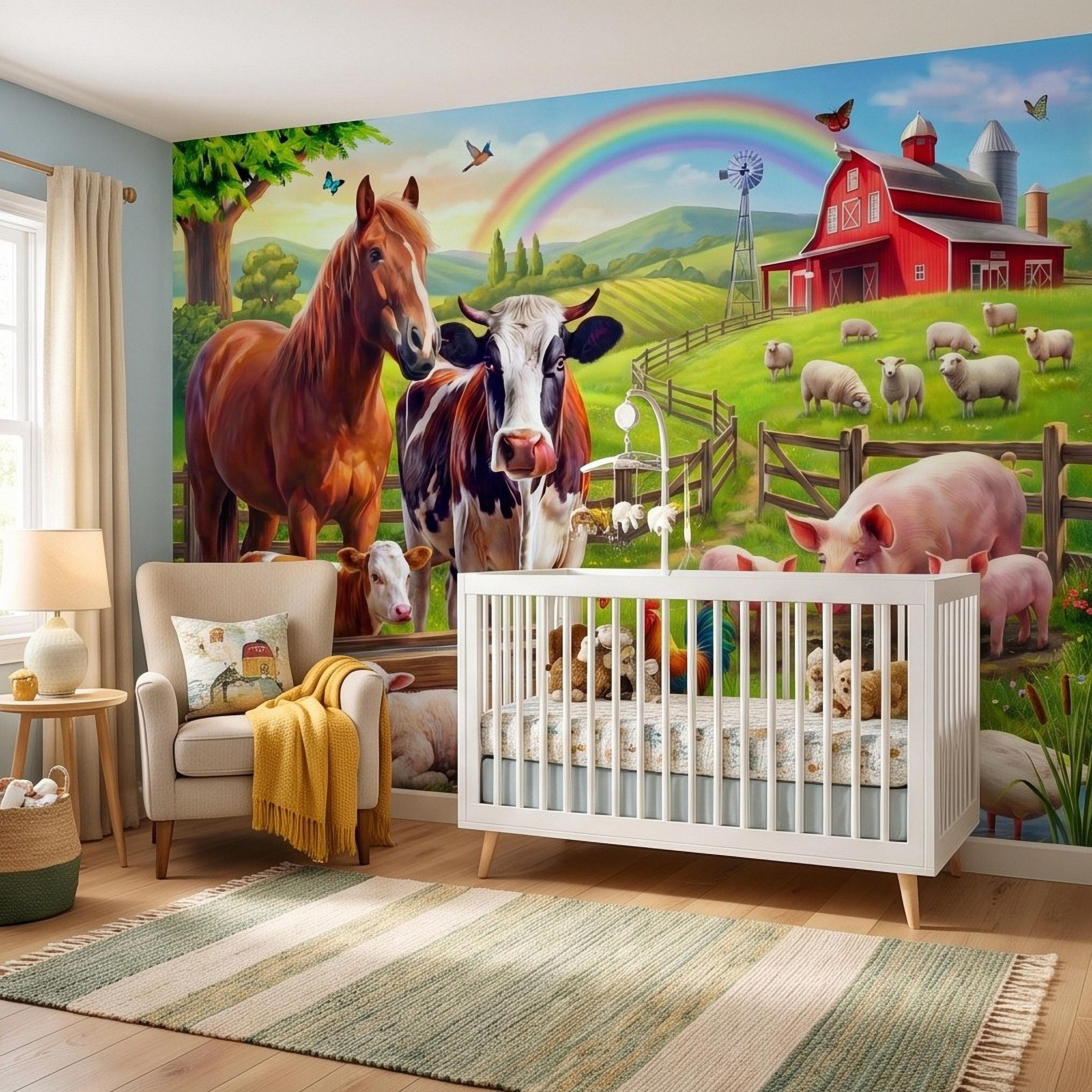 Colorful Farm Animals Peel and Stick Wall Mural, Red Barn Rainbow Countryside, Happy Farmyard Scene, Storybook Kids Wallpaper