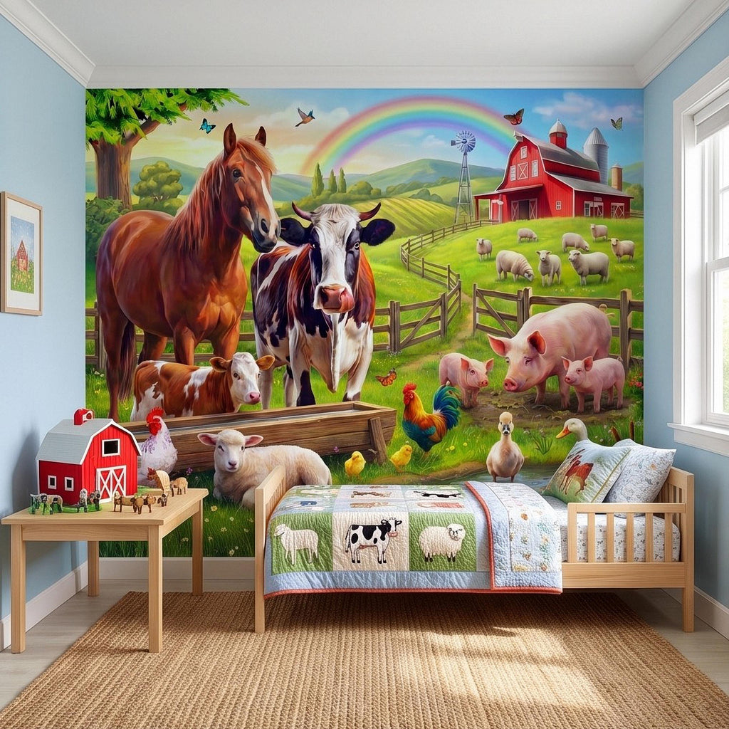Colorful Farm Animals Peel and Stick Wall Mural, Red Barn Rainbow Countryside, Happy Farmyard Scene, Storybook Kids Wallpaper