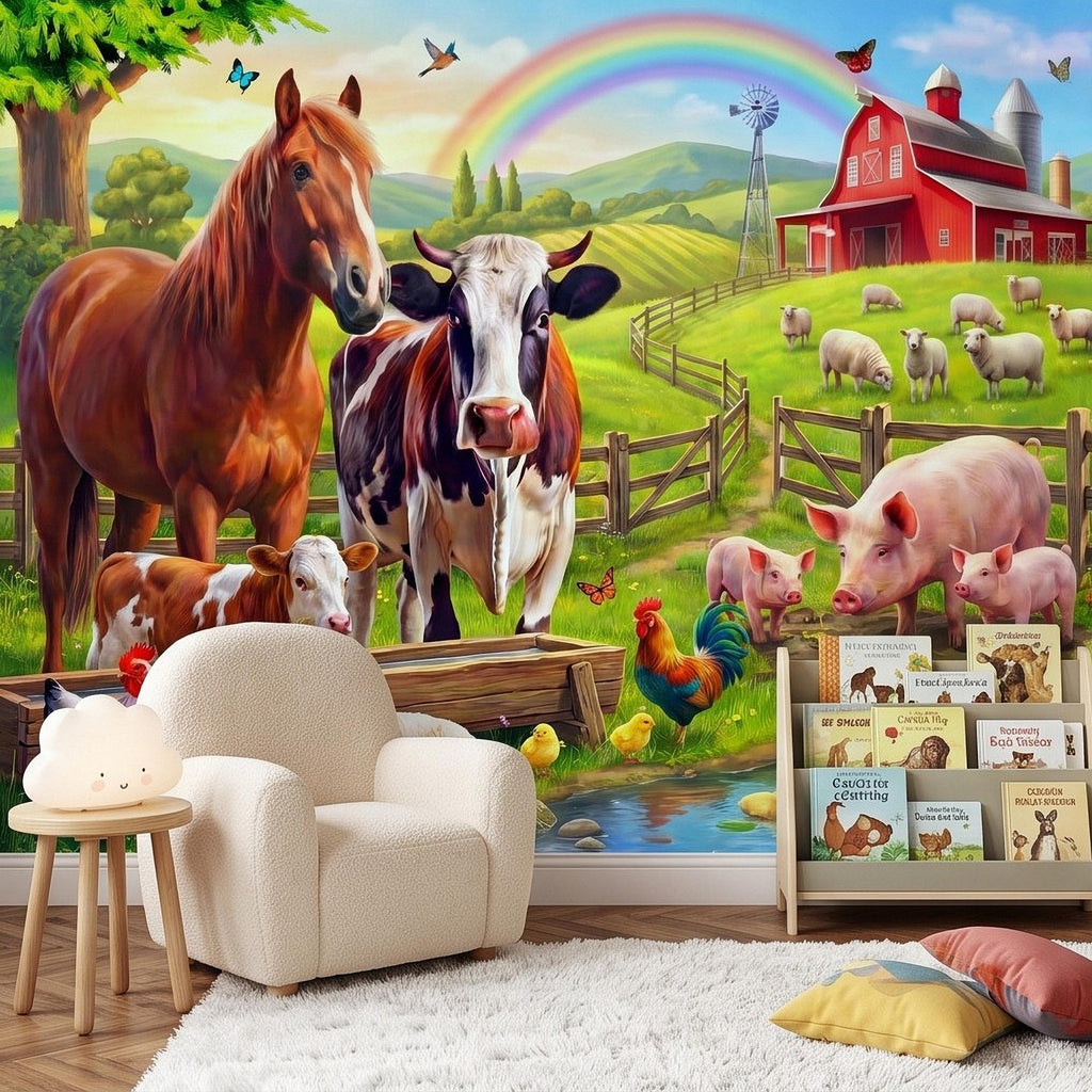 Colorful Farm Animals Peel and Stick Wall Mural, Red Barn Rainbow Countryside, Happy Farmyard Scene, Storybook Kids Wallpaper