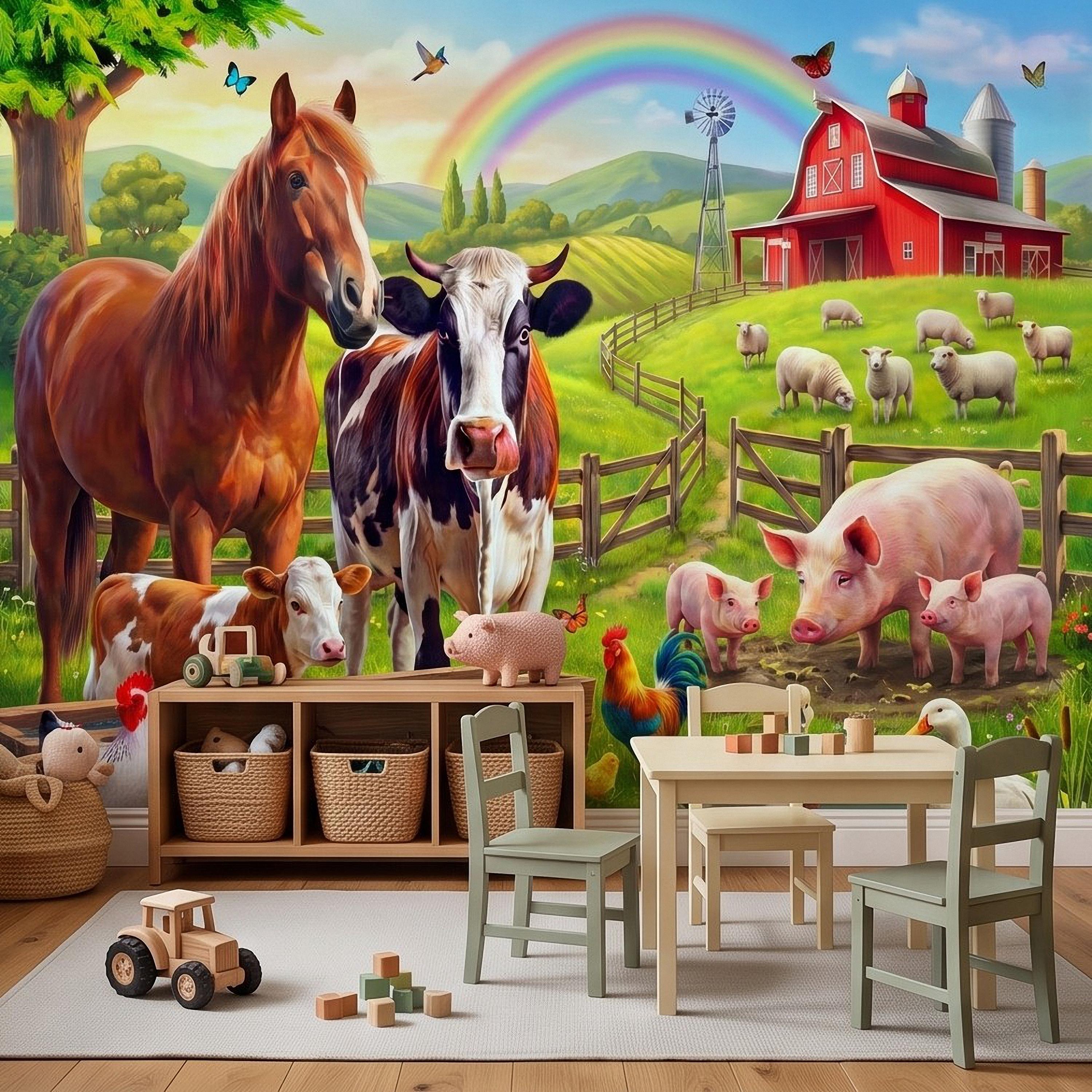 Colorful Farm Animals Peel and Stick Wall Mural, Red Barn Rainbow Countryside, Happy Farmyard Scene, Storybook Kids Wallpaper