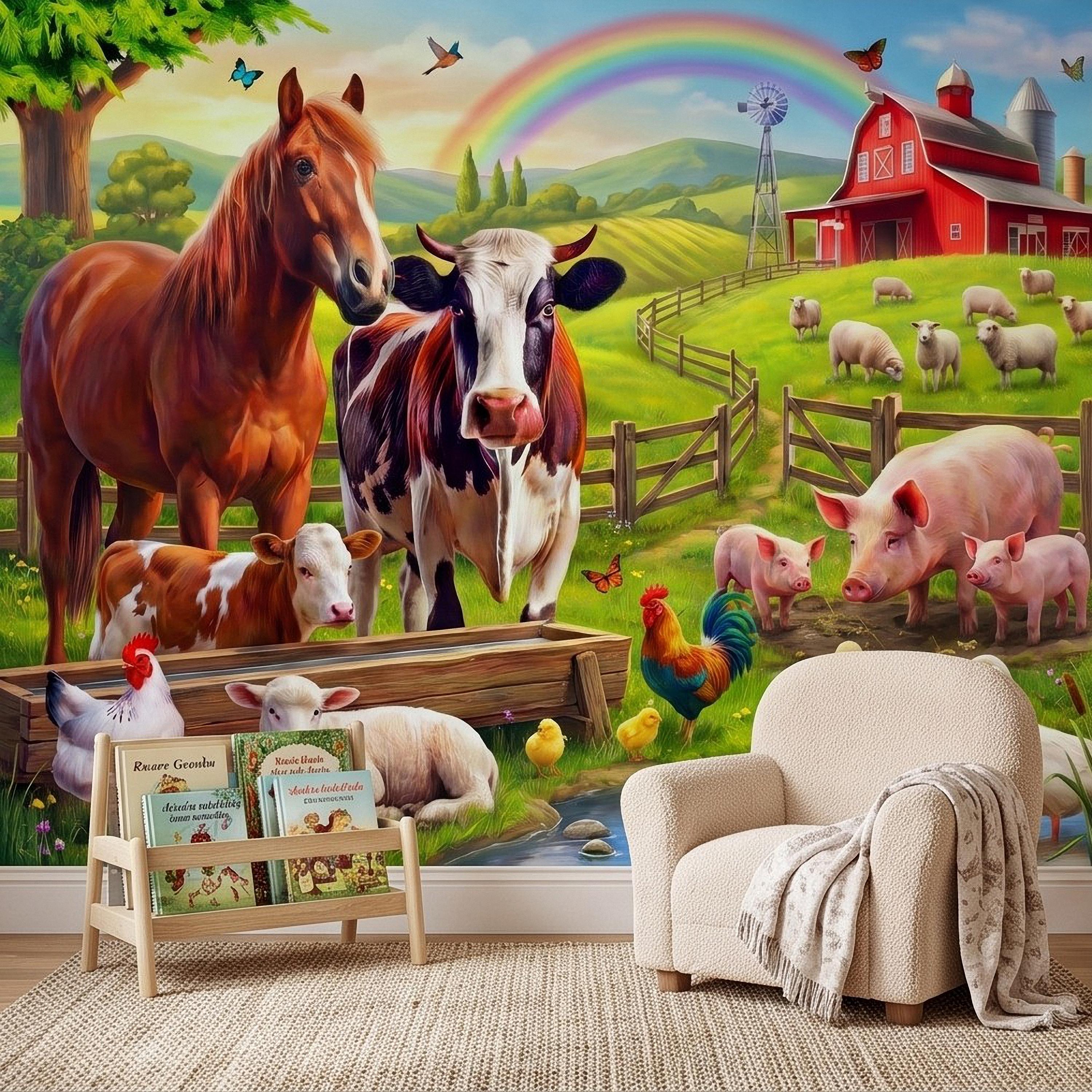 Colorful Farm Animals Peel and Stick Wall Mural, Red Barn Rainbow Countryside, Happy Farmyard Scene, Storybook Kids Wallpaper