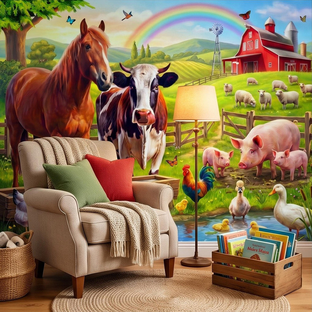 Colorful Farm Animals Peel and Stick Wall Mural, Red Barn Rainbow Countryside, Happy Farmyard Scene, Storybook Kids Wallpaper