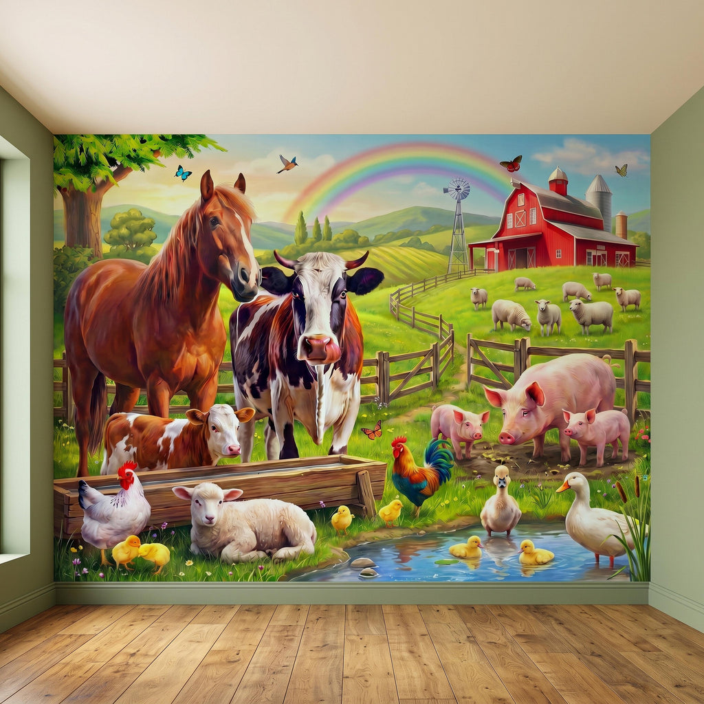 Colorful Farm Animals Peel and Stick Wall Mural, Red Barn Rainbow Countryside, Happy Farmyard Scene, Storybook Kids Wallpaper