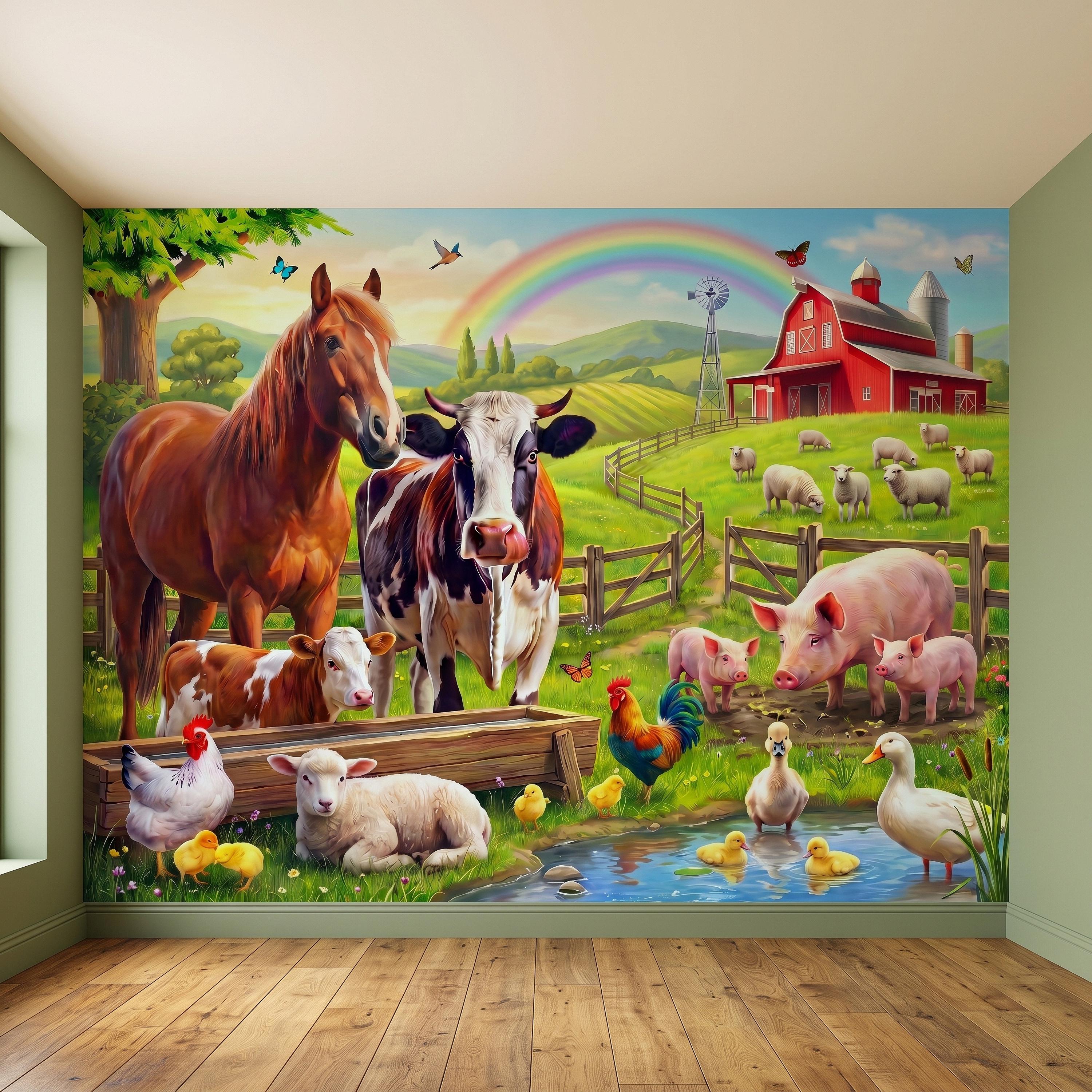 Colorful Farm Animals Peel and Stick Wall Mural, Red Barn Rainbow Countryside, Happy Farmyard Scene, Storybook Kids Wallpaper
