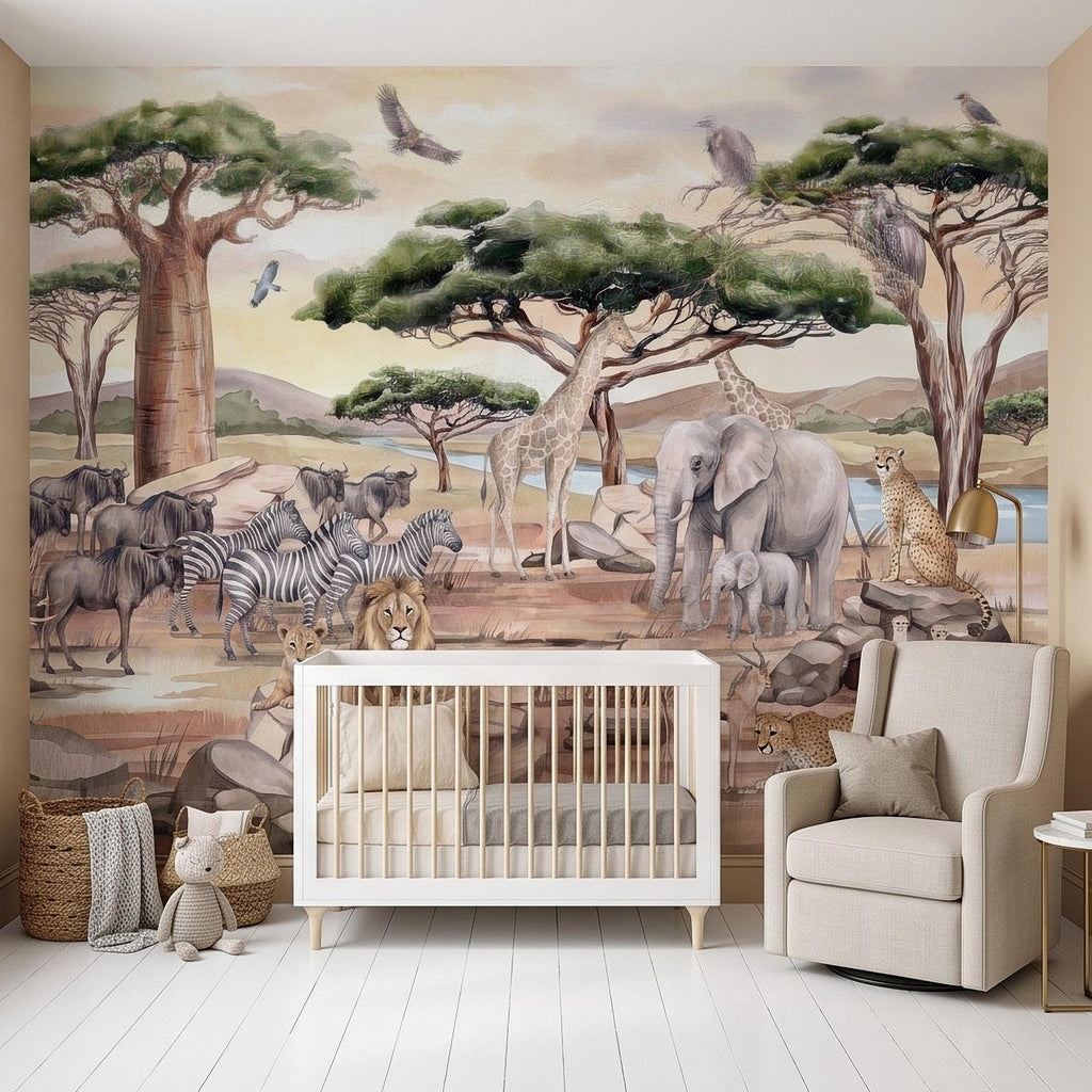 African Safari Peel and Stick Wall Mural, Savanna Wildlife Landscape Watercolor Jungle Adventure Neutral Storybook Kids Wallpaper