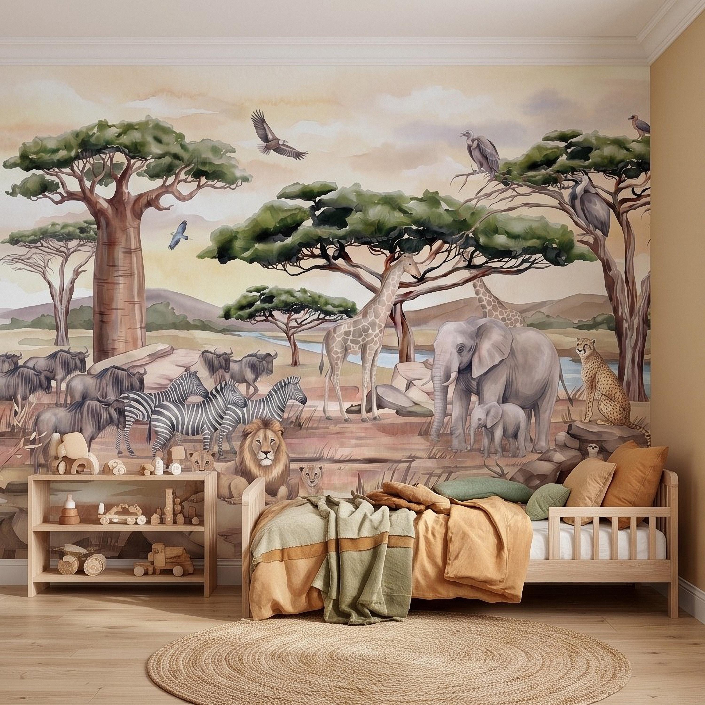 African Safari Peel and Stick Wall Mural, Savanna Wildlife Landscape Watercolor Jungle Adventure Neutral Storybook Kids Wallpaper