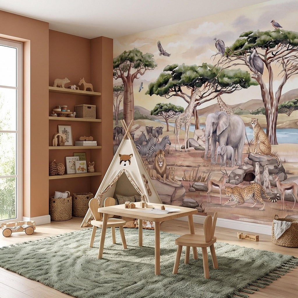 African Safari Peel and Stick Wall Mural, Savanna Wildlife Landscape Watercolor Jungle Adventure Neutral Storybook Kids Wallpaper
