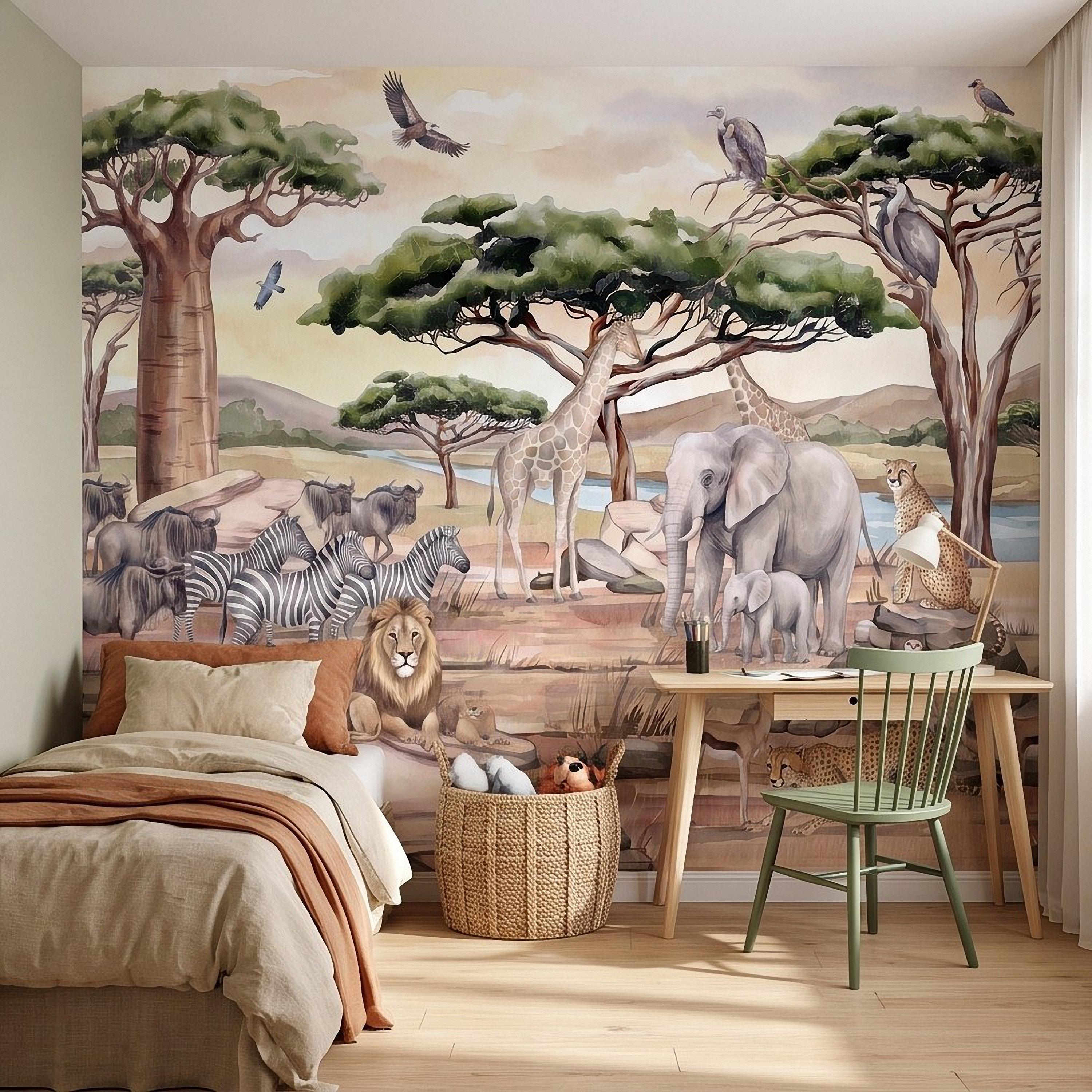 African Safari Peel and Stick Wall Mural, Savanna Wildlife Landscape Watercolor Jungle Adventure Neutral Storybook Kids Wallpaper
