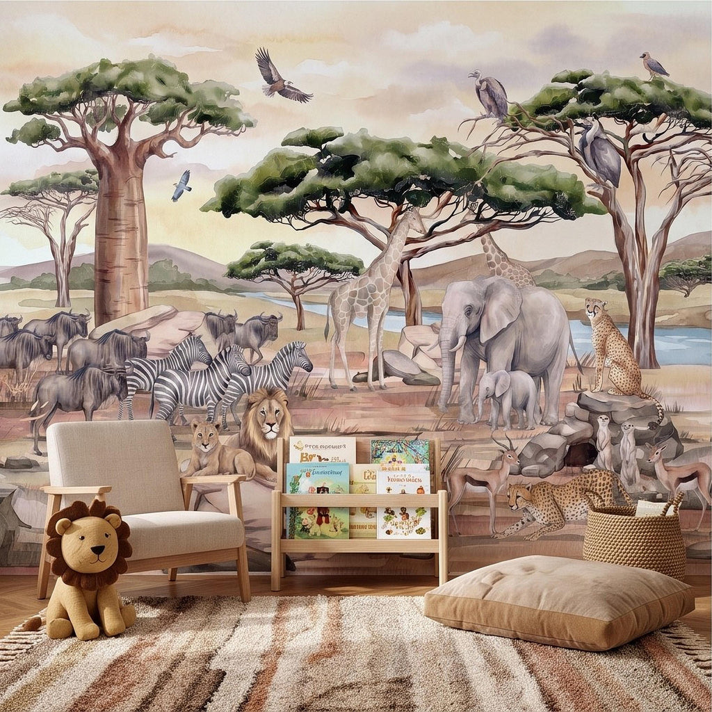 African Safari Peel and Stick Wall Mural, Savanna Wildlife Landscape Watercolor Jungle Adventure Neutral Storybook Kids Wallpaper