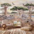 African Safari Peel and Stick Wall Mural, Savanna Wildlife Landscape Watercolor Jungle Adventure Neutral Storybook Kids Wallpaper