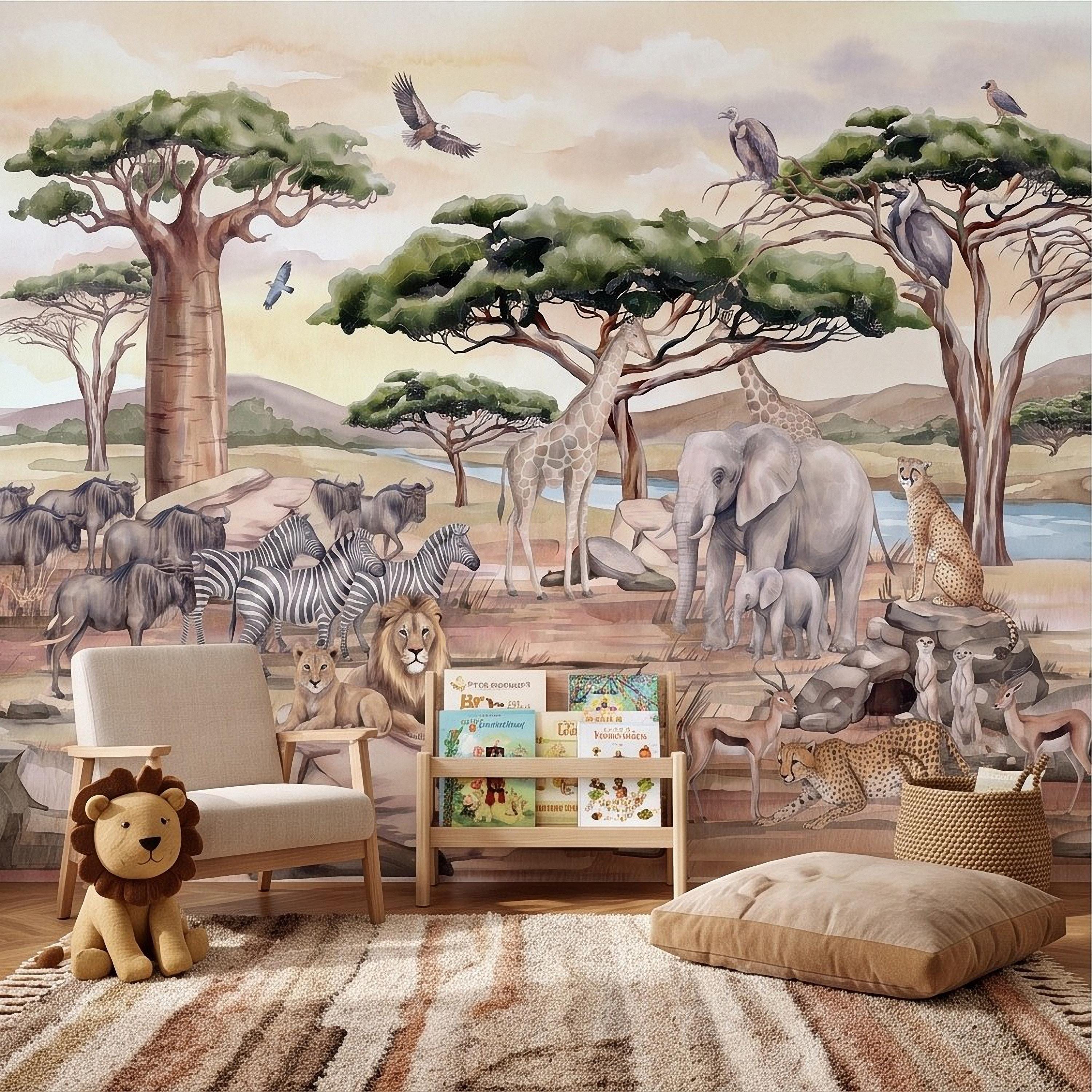 African Safari Peel and Stick Wall Mural, Savanna Wildlife Landscape Watercolor Jungle Adventure Neutral Storybook Kids Wallpaper