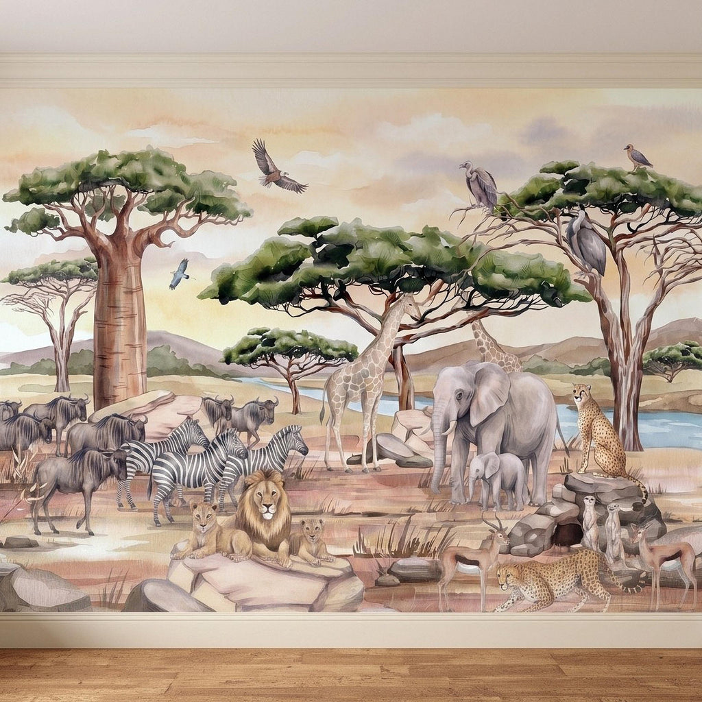African Safari Peel and Stick Wall Mural, Savanna Wildlife Landscape Watercolor Jungle Adventure Neutral Storybook Kids Wallpaper