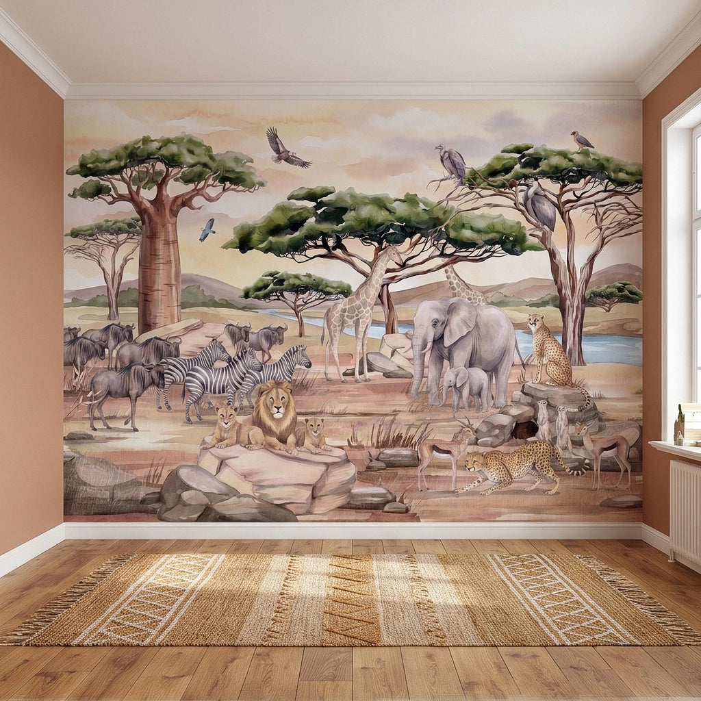 African Safari Peel and Stick Wall Mural, Savanna Wildlife Landscape Watercolor Jungle Adventure Neutral Storybook Kids Wallpaper