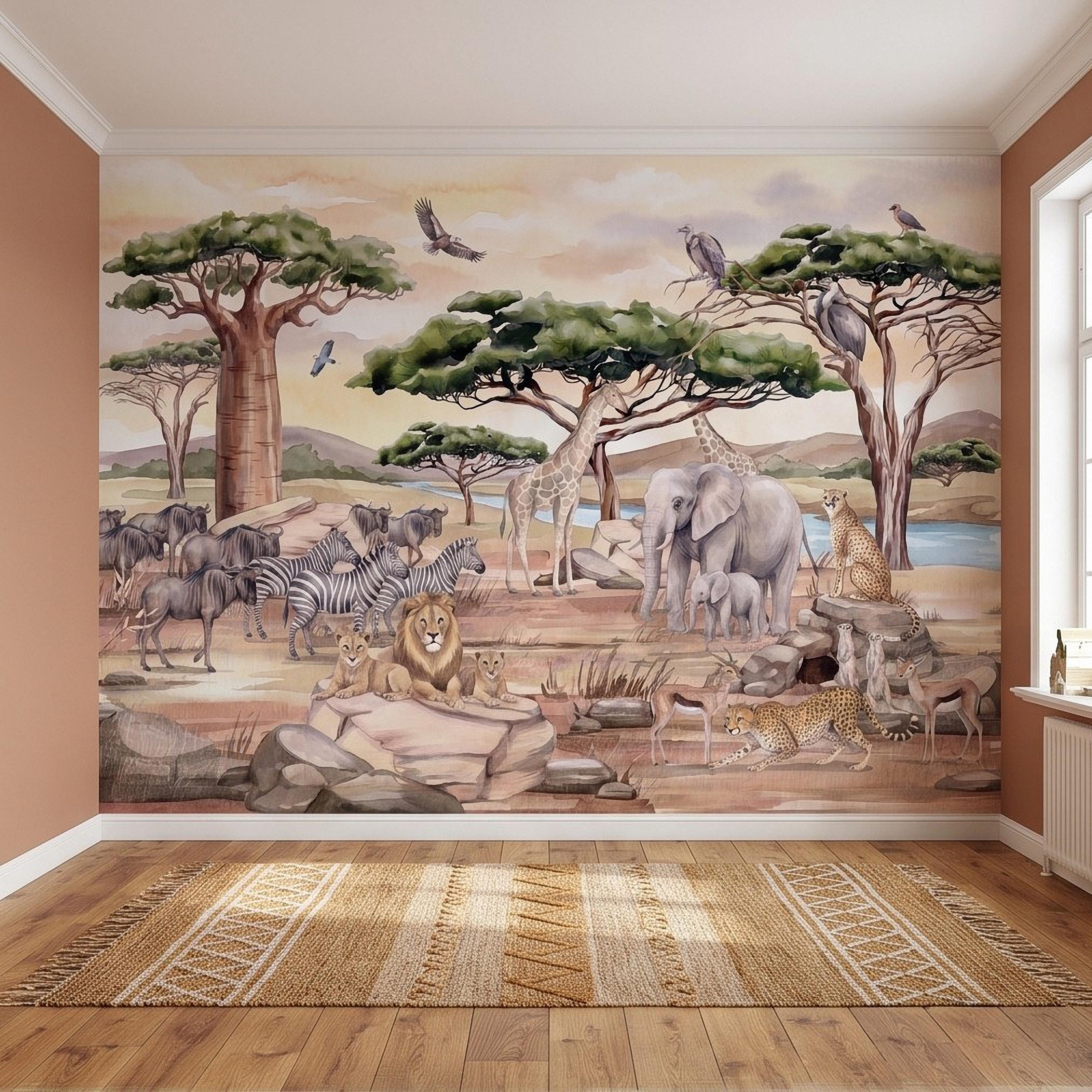 African Safari Peel and Stick Wall Mural, Savanna Wildlife Landscape Watercolor Jungle Adventure Neutral Storybook Kids Wallpaper