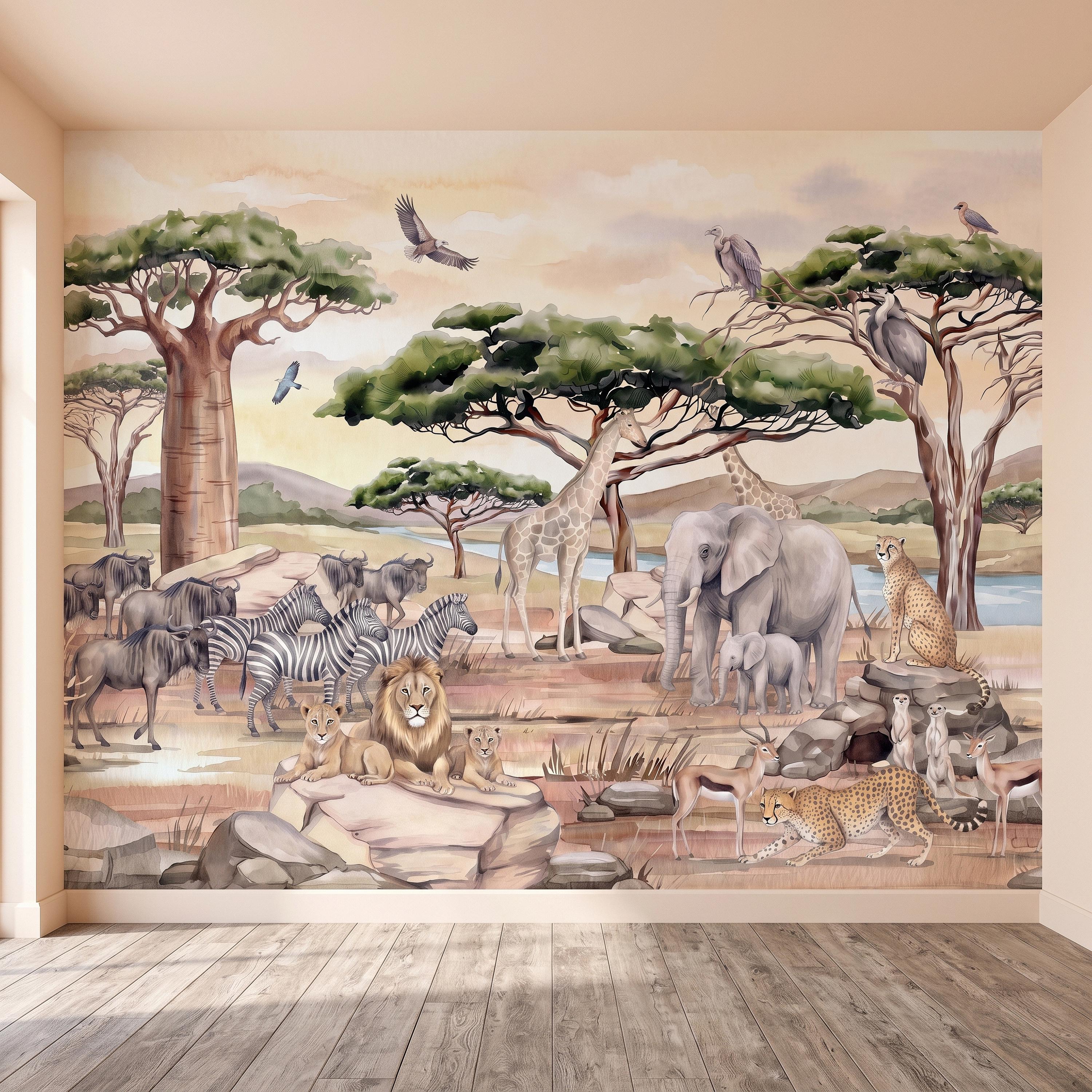African Safari Peel and Stick Wall Mural, Savanna Wildlife Landscape Watercolor Jungle Adventure Neutral Storybook Kids Wallpaper