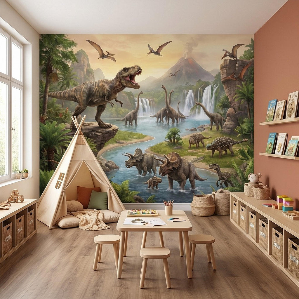 Prehistoric Dinosaur Peel and Stick Wall Mural, Jurassic Jungle Landscape Volcano Waterfall Adventure Tropical Kids Wallpaper