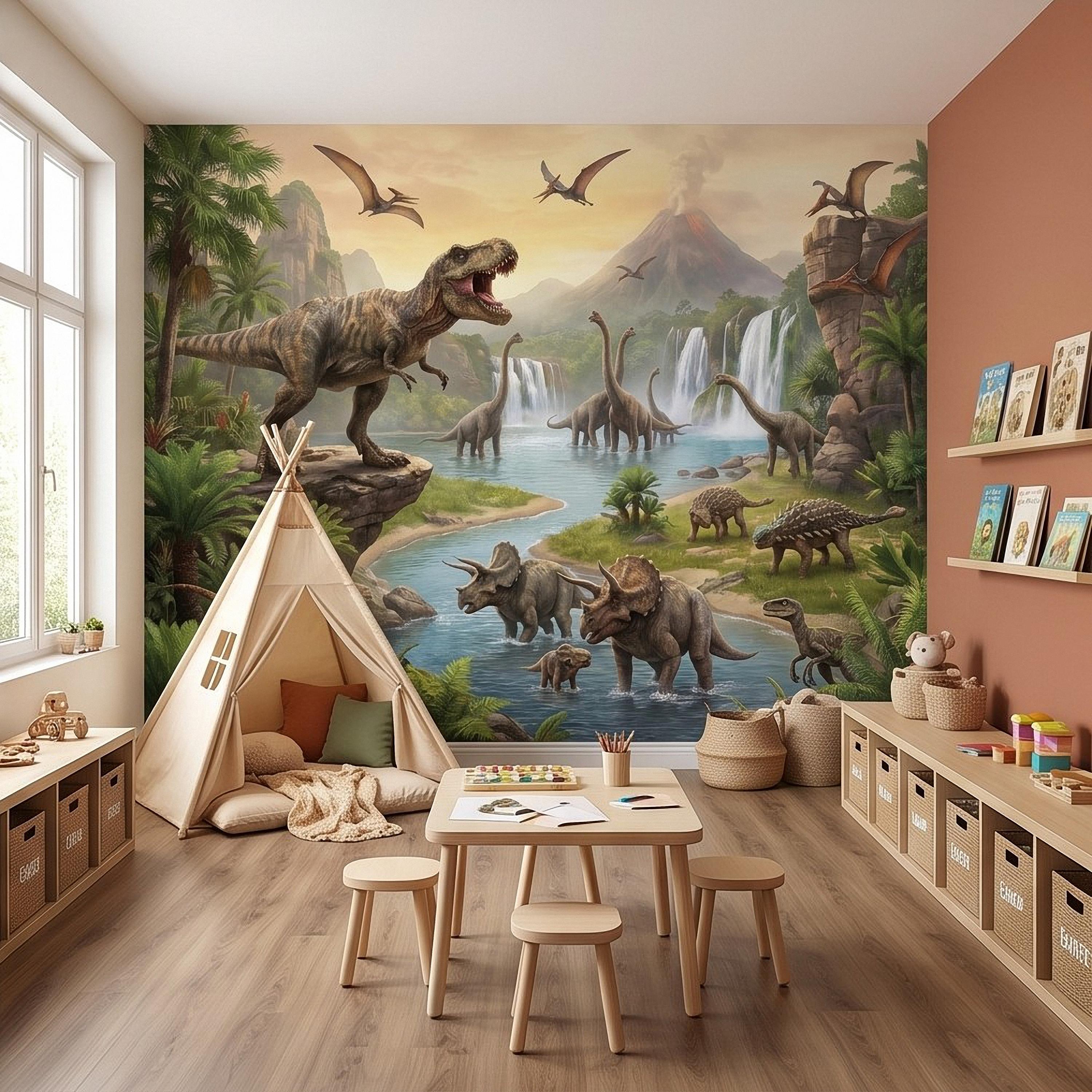 Prehistoric Dinosaur Peel and Stick Wall Mural, Jurassic Jungle Landscape Volcano Waterfall Adventure Tropical Kids Wallpaper