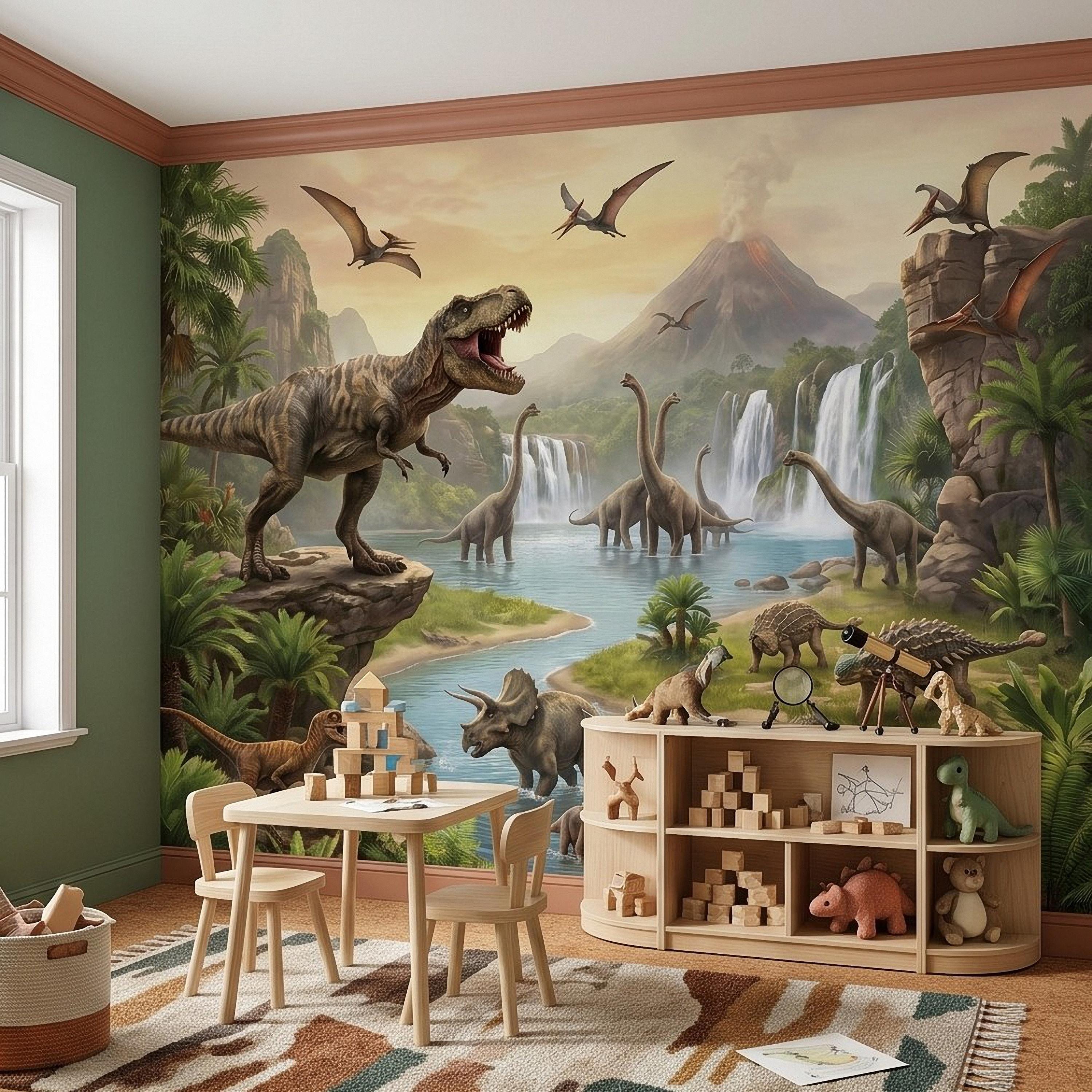 Prehistoric Dinosaur Peel and Stick Wall Mural, Jurassic Jungle Landscape Volcano Waterfall Adventure Tropical Kids Wallpaper