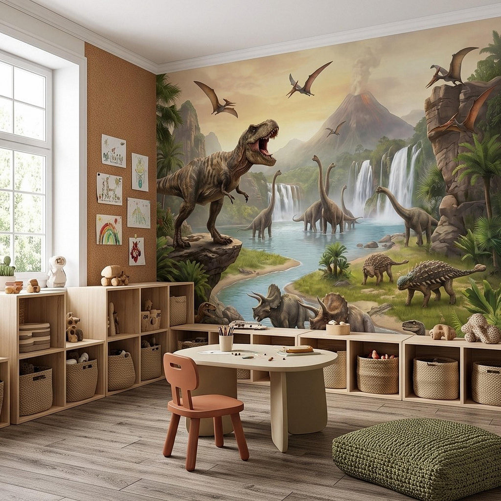 Prehistoric Dinosaur Peel and Stick Wall Mural, Jurassic Jungle Landscape Volcano Waterfall Adventure Tropical Kids Wallpaper