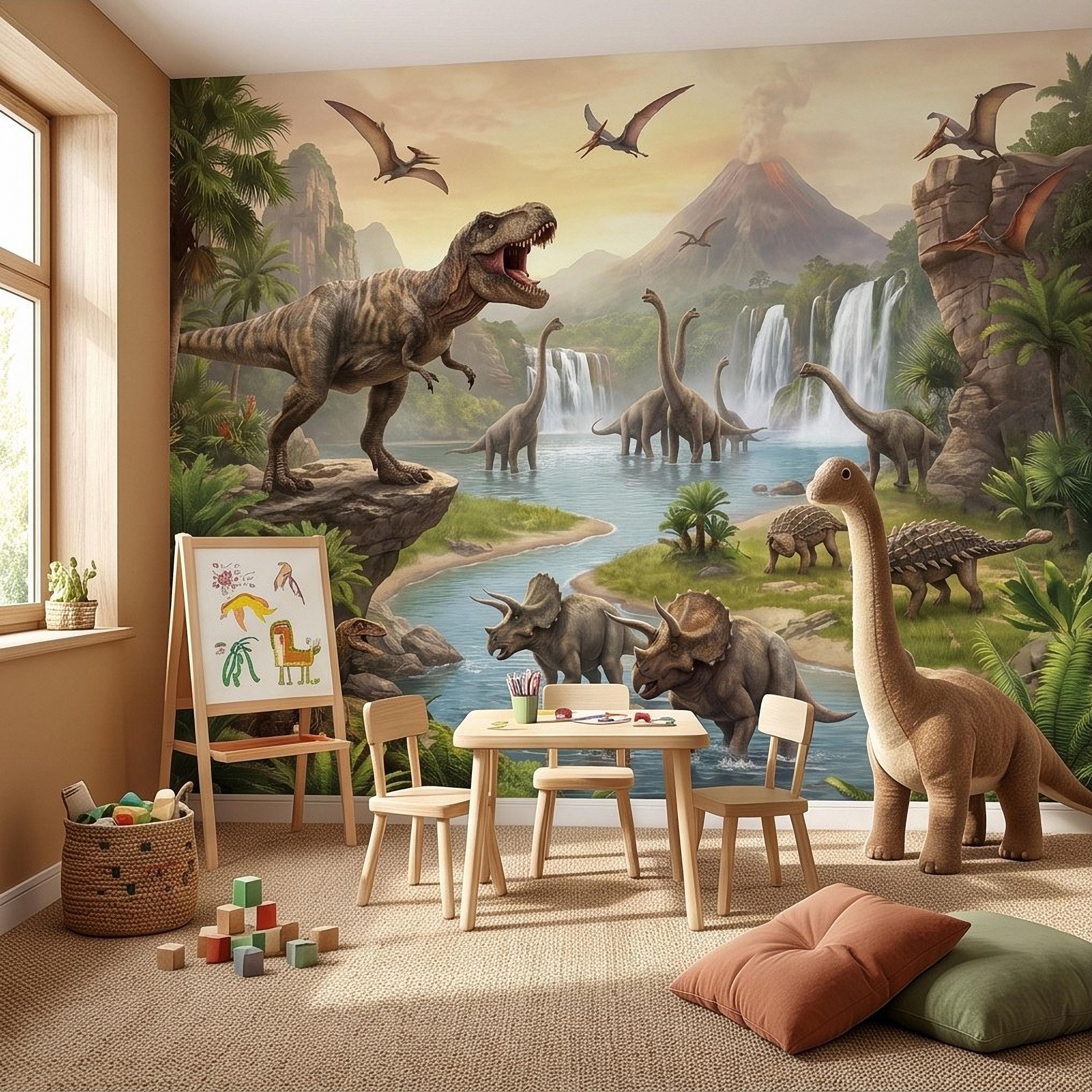 Prehistoric Dinosaur Peel and Stick Wall Mural, Jurassic Jungle Landscape Volcano Waterfall Adventure Tropical Kids Wallpaper