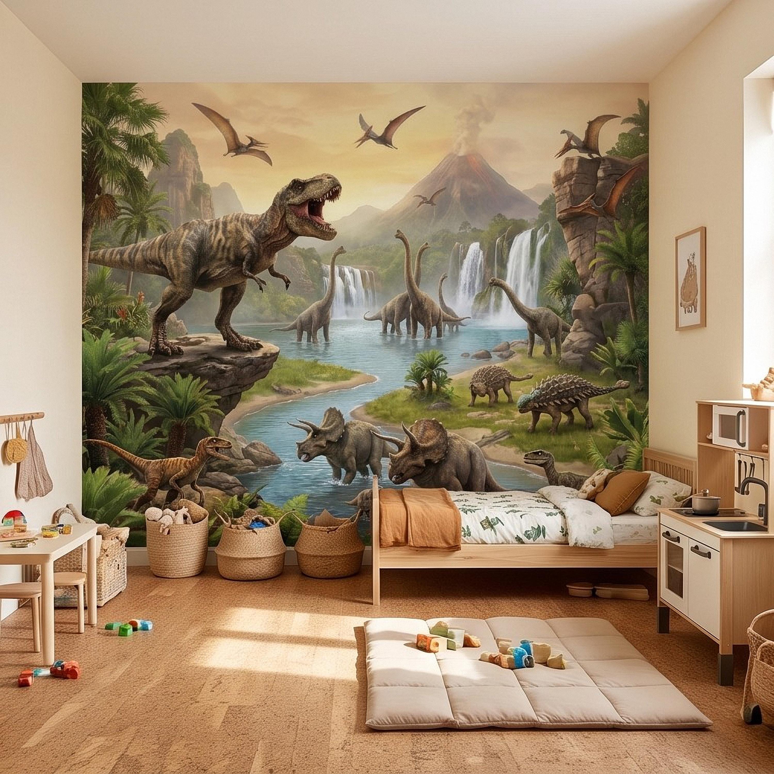 Prehistoric Dinosaur Peel and Stick Wall Mural, Jurassic Jungle Landscape Volcano Waterfall Adventure Tropical Kids Wallpaper