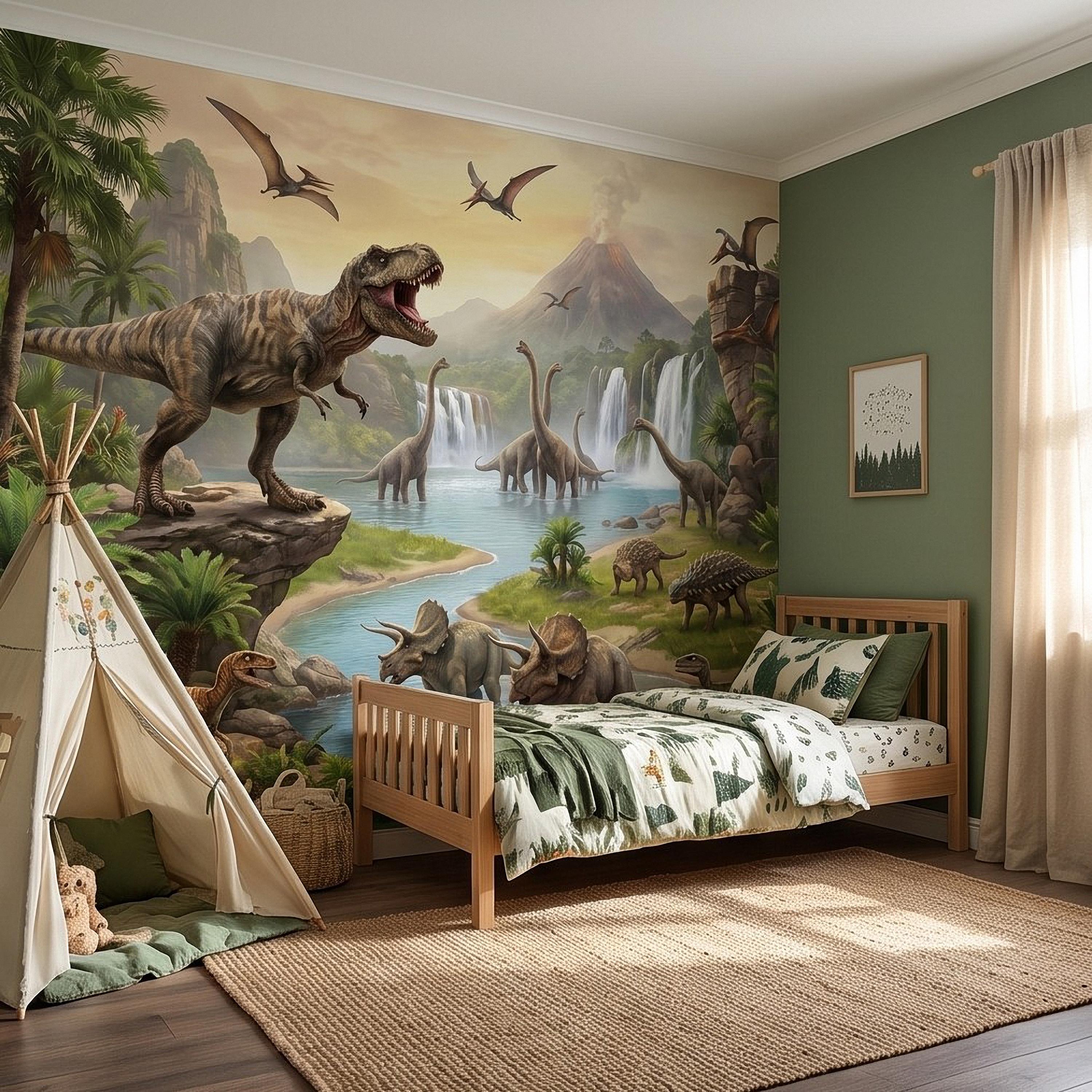 Prehistoric Dinosaur Peel and Stick Wall Mural, Jurassic Jungle Landscape Volcano Waterfall Adventure Tropical Kids Wallpaper