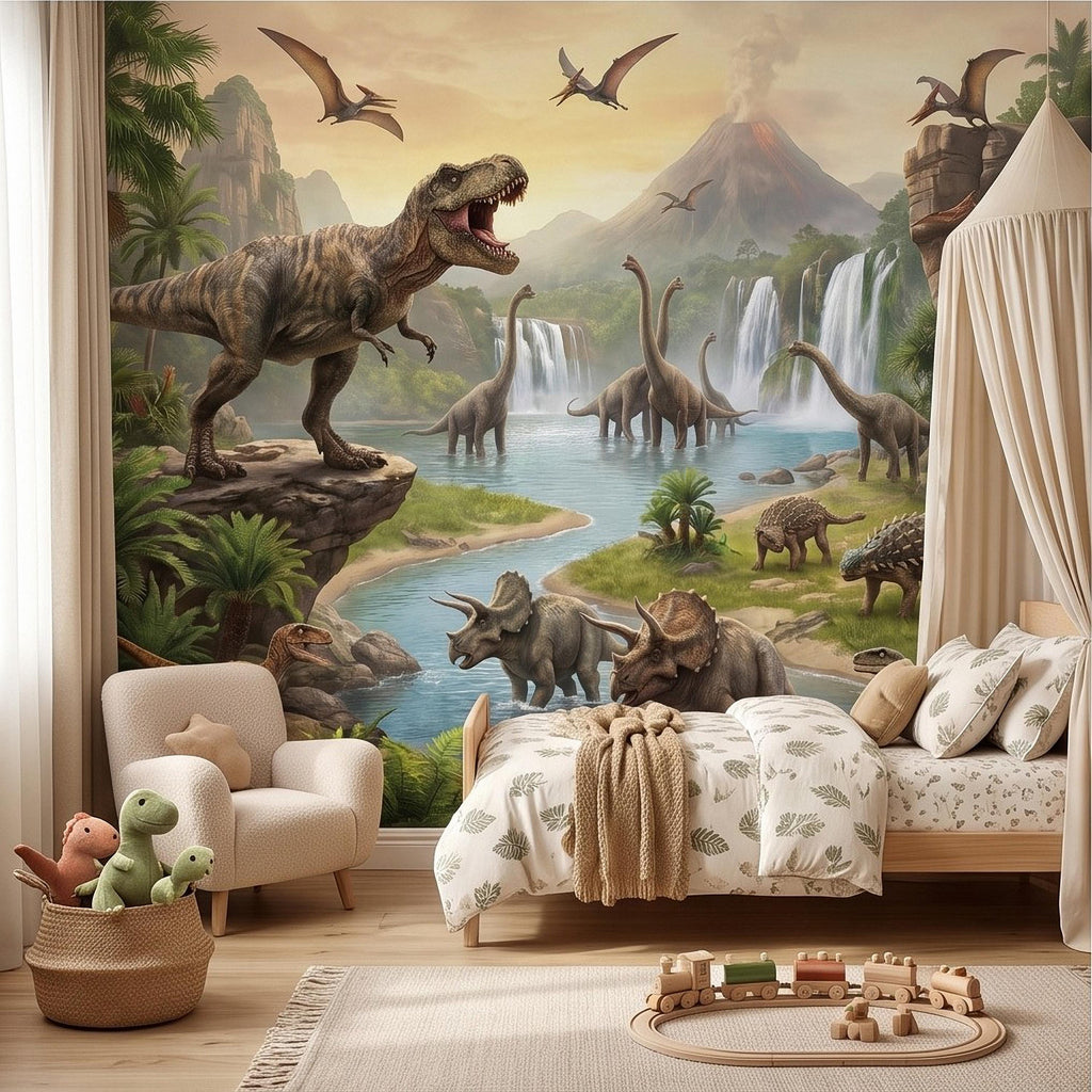 Prehistoric Dinosaur Peel and Stick Wall Mural, Jurassic Jungle Landscape Volcano Waterfall Adventure Tropical Kids Wallpaper