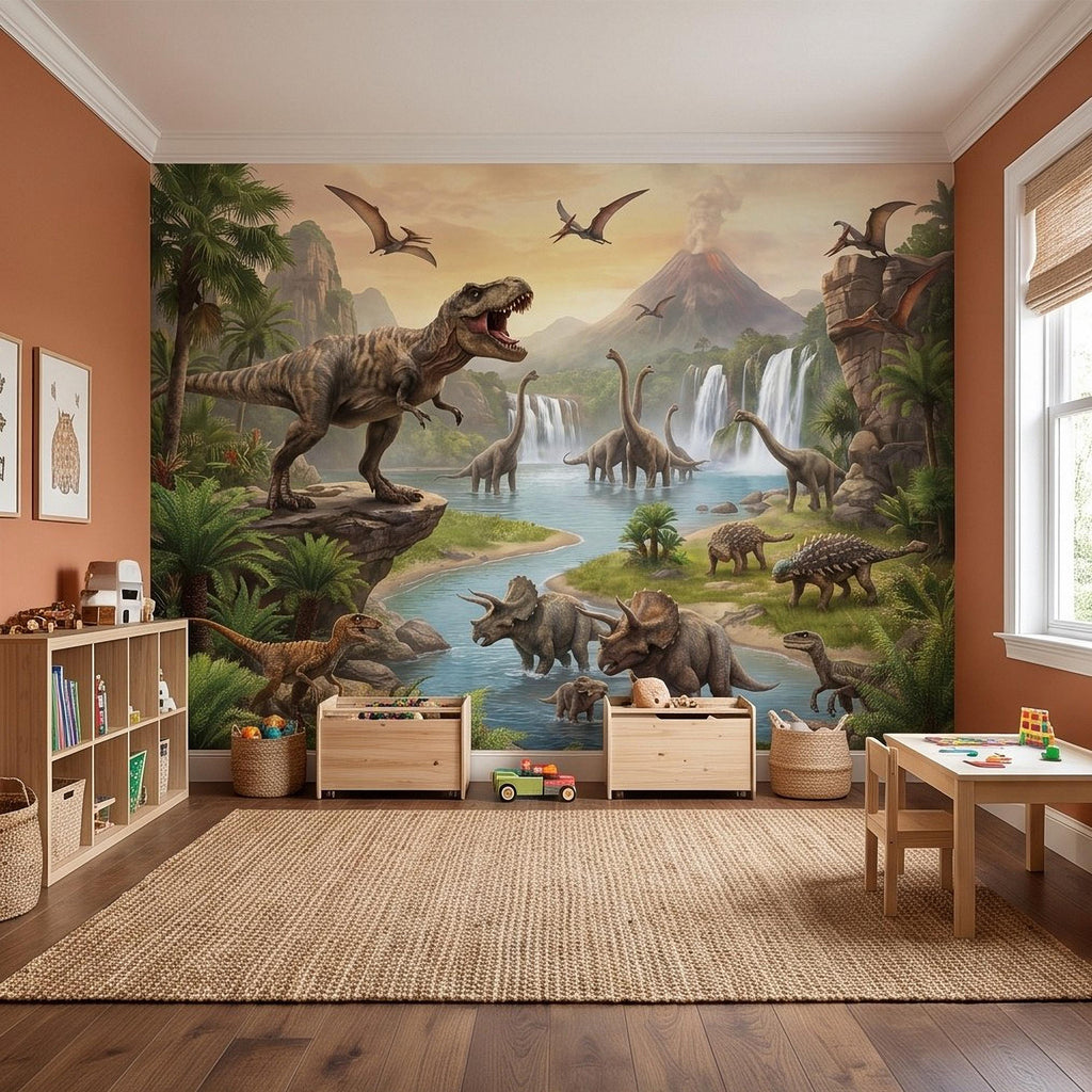 Prehistoric Dinosaur Peel and Stick Wall Mural, Jurassic Jungle Landscape Volcano Waterfall Adventure Tropical Kids Wallpaper