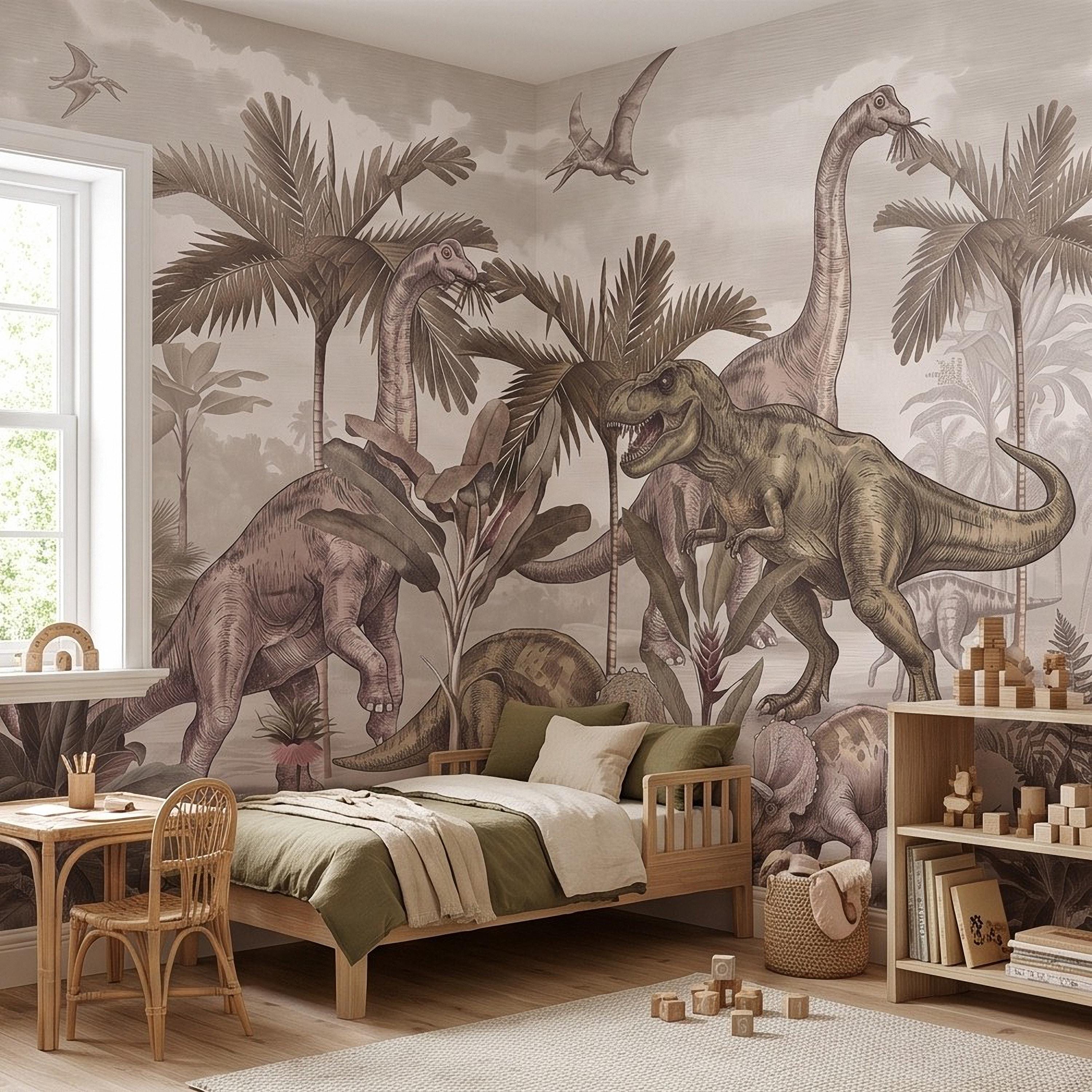 Prehistoric Dinosaur Peel and Stick Wall Mural, Vintage Jurassic T Rex Triceratops Brachiosaurus Landscape Wallpaper