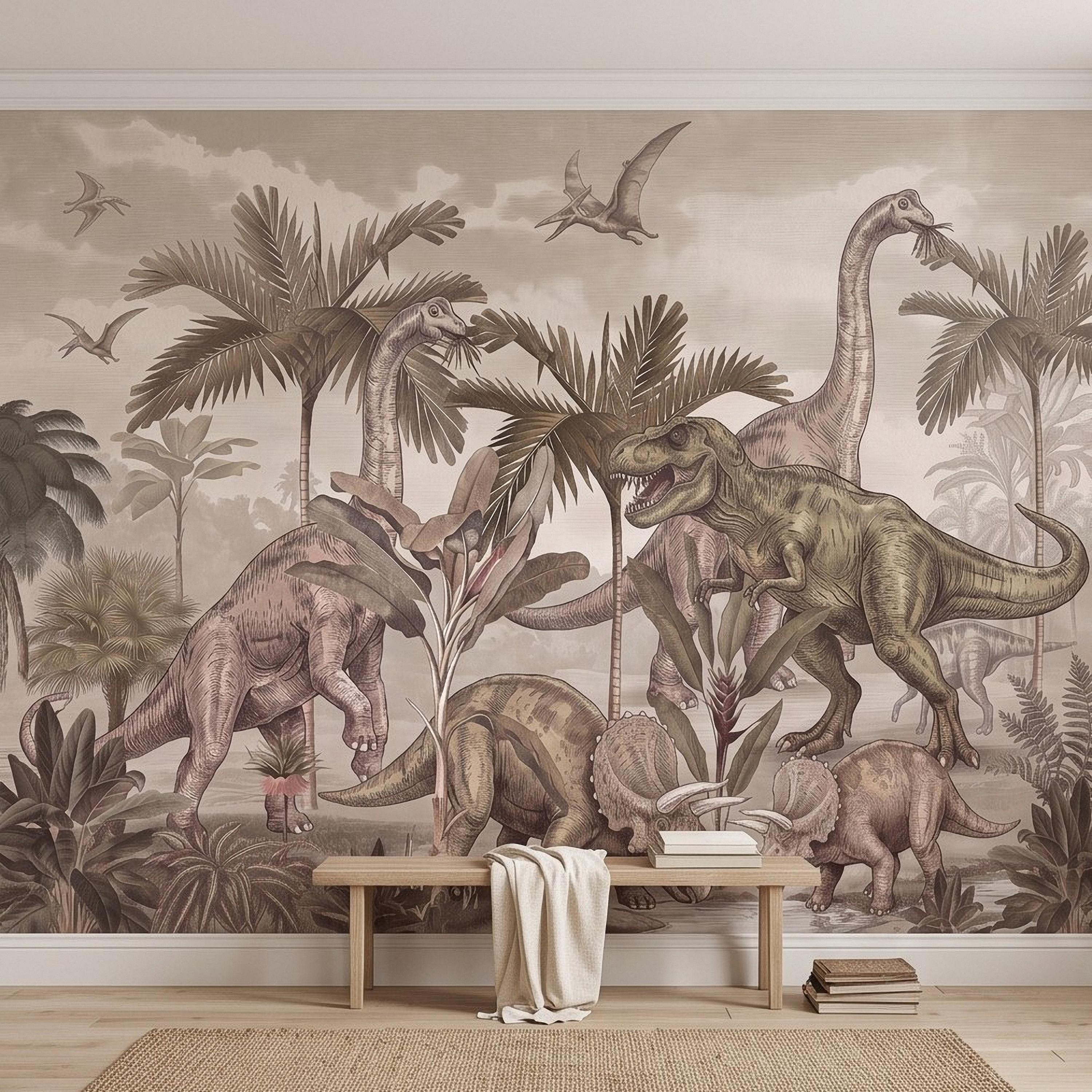 Prehistoric Dinosaur Peel and Stick Wall Mural, Vintage Jurassic T Rex Triceratops Brachiosaurus Landscape Wallpaper