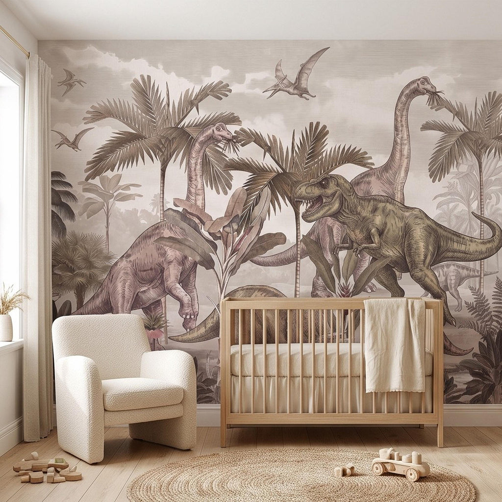 Prehistoric Dinosaur Peel and Stick Wall Mural, Vintage Jurassic T Rex Triceratops Brachiosaurus Landscape Wallpaper